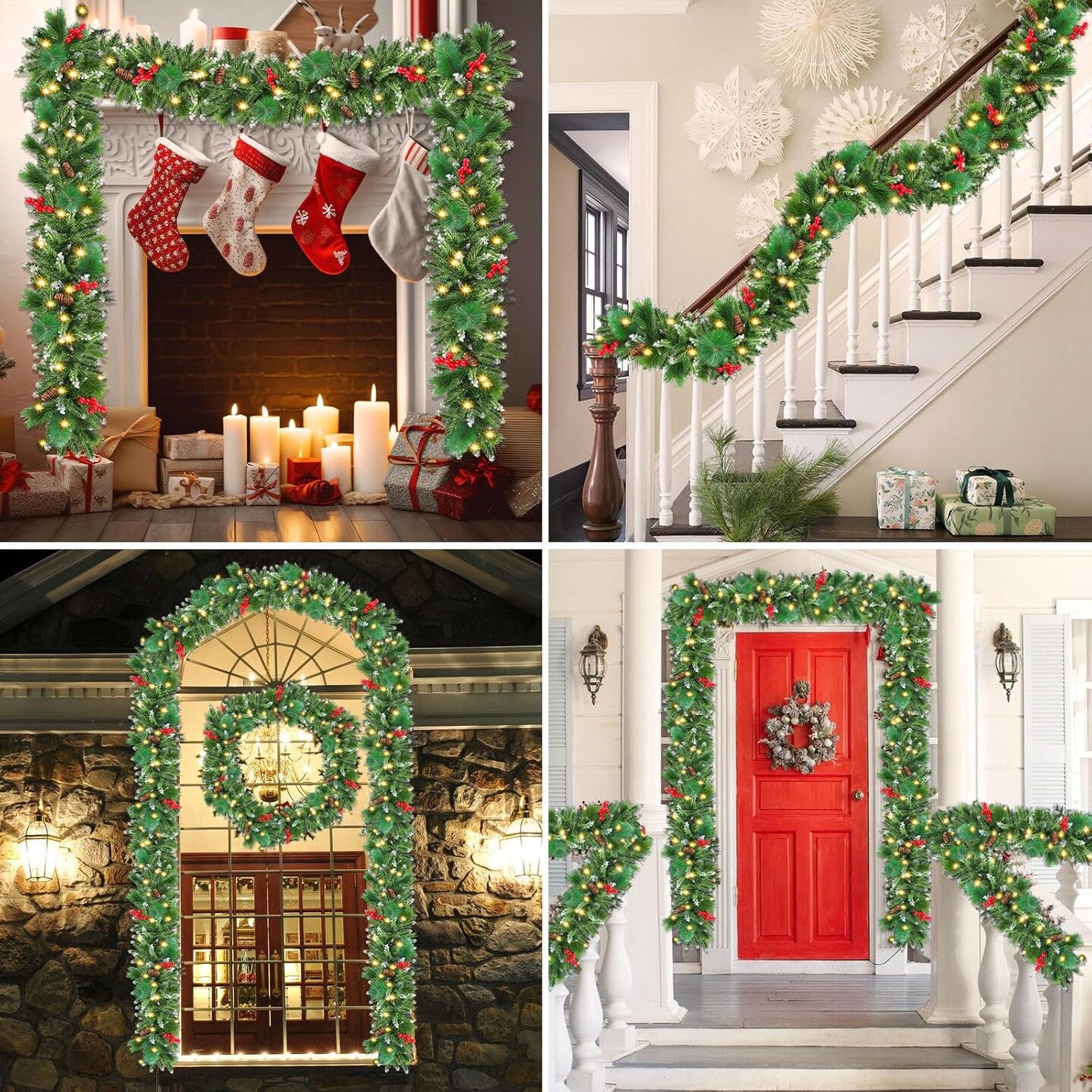 Christmas Garland with Lights, 50 LEDs 9FT Prelit Garland Battery Operated Outdoor Indoor Christmas Decorations Lighted Garland for Stairs Railing Fireplace Mantle Front Door Home Holiday Decor