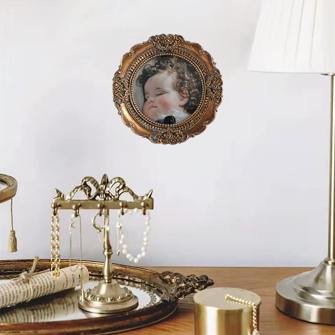 Mini Picture Frames 3x3 Small Vintage Round Picture Frames for Wall and Tabletop, Antique Bronze Gold Ornate Design,Victorian Home Decor Gallery Wall Decor with Embossed Floral