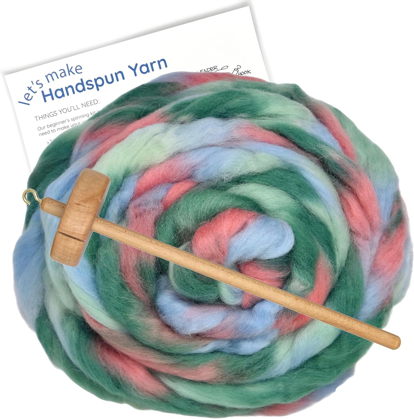 Learn to Spin Yarn - Beginner's Spinning Kit Includes Drop Spindle, Space Dyed Wool Roving and Printed Instructions with Video