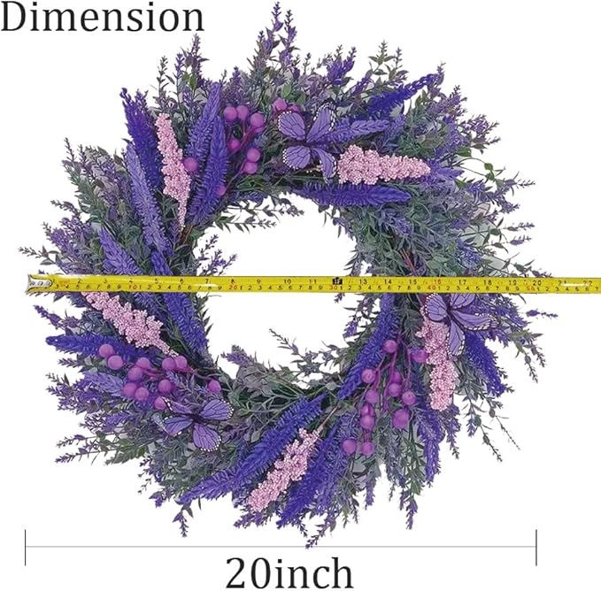 20Inch Purple Lavender Wreath for Front Door,Artificial Lavender, Blueberry, Purple Butterfly,Used for Window, Wall, Porch, and Other Indoor and Outdoor Home Decorations