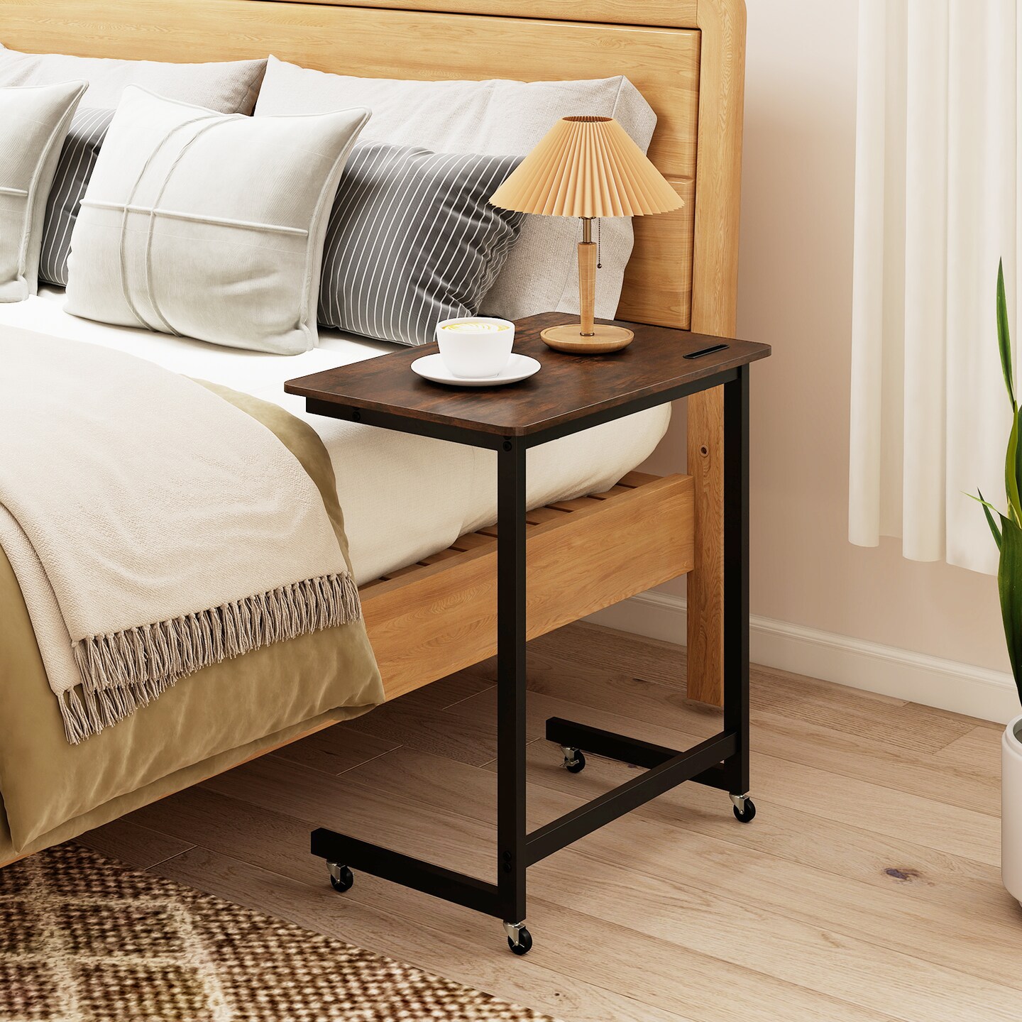 C-Shaped Rolling Side Table With Phone Slot Rustic Brown Metal Frame