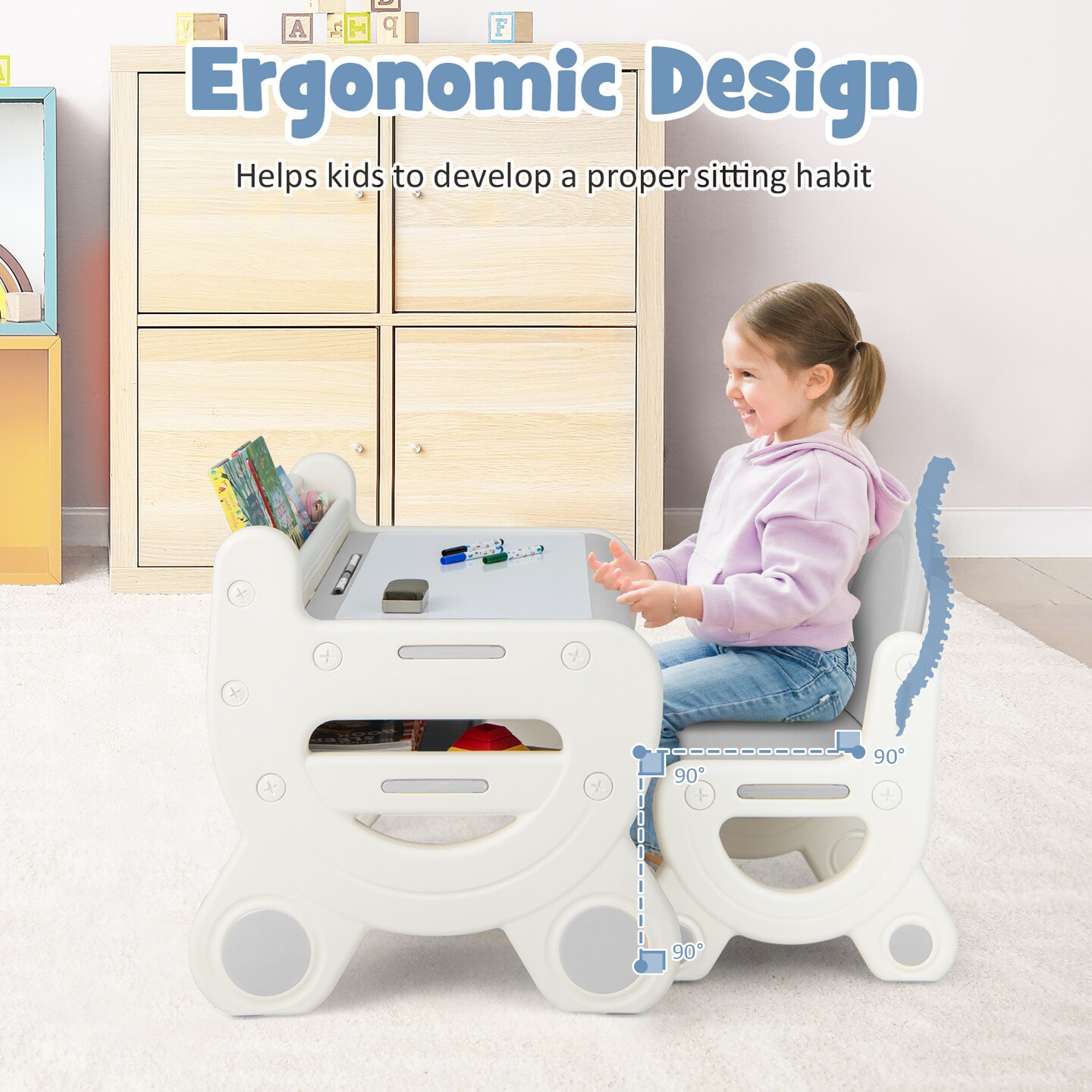 Kids Drawing Table and Chair Set Erasable Desktop Storage Shelf