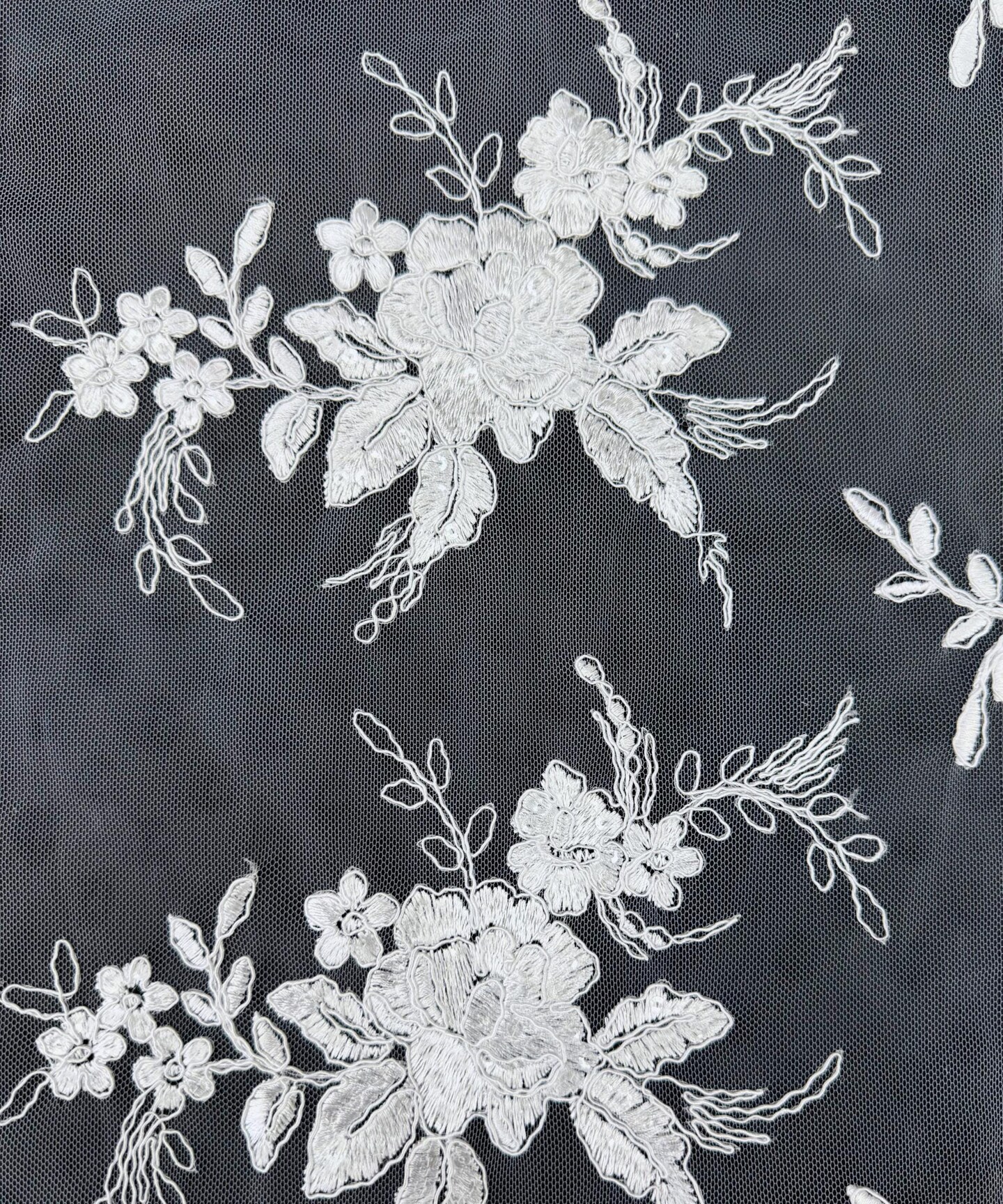 White Sequin Embroidered Lace Fabric by the Yard, 54" Wide Floral Mesh Lace with Double Scalloped Edges