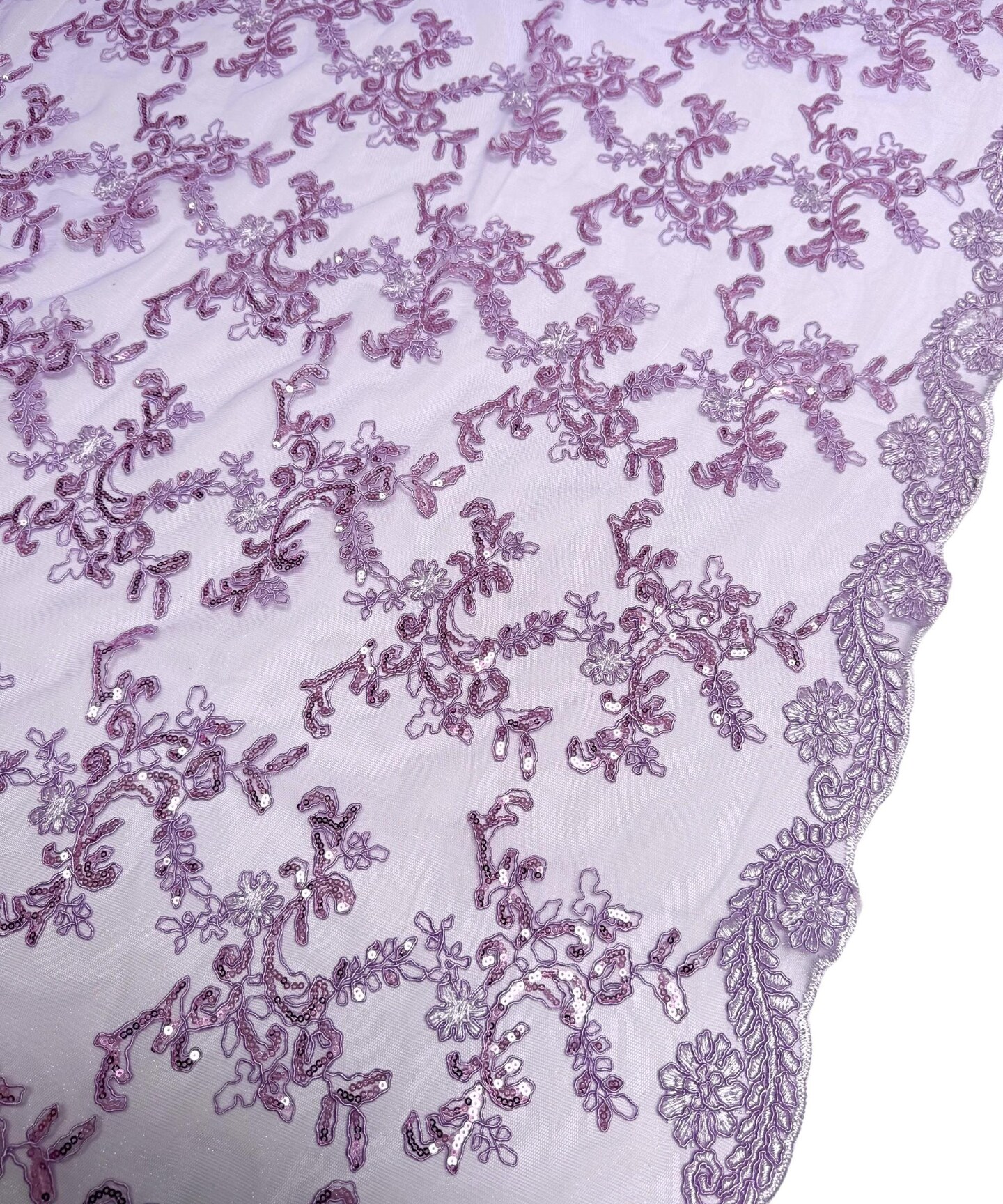 Lavender Sequin Embroidered Lace Fabric by the Yard, 54" Wide Floral Mesh Lace with Double Scalloped Edges