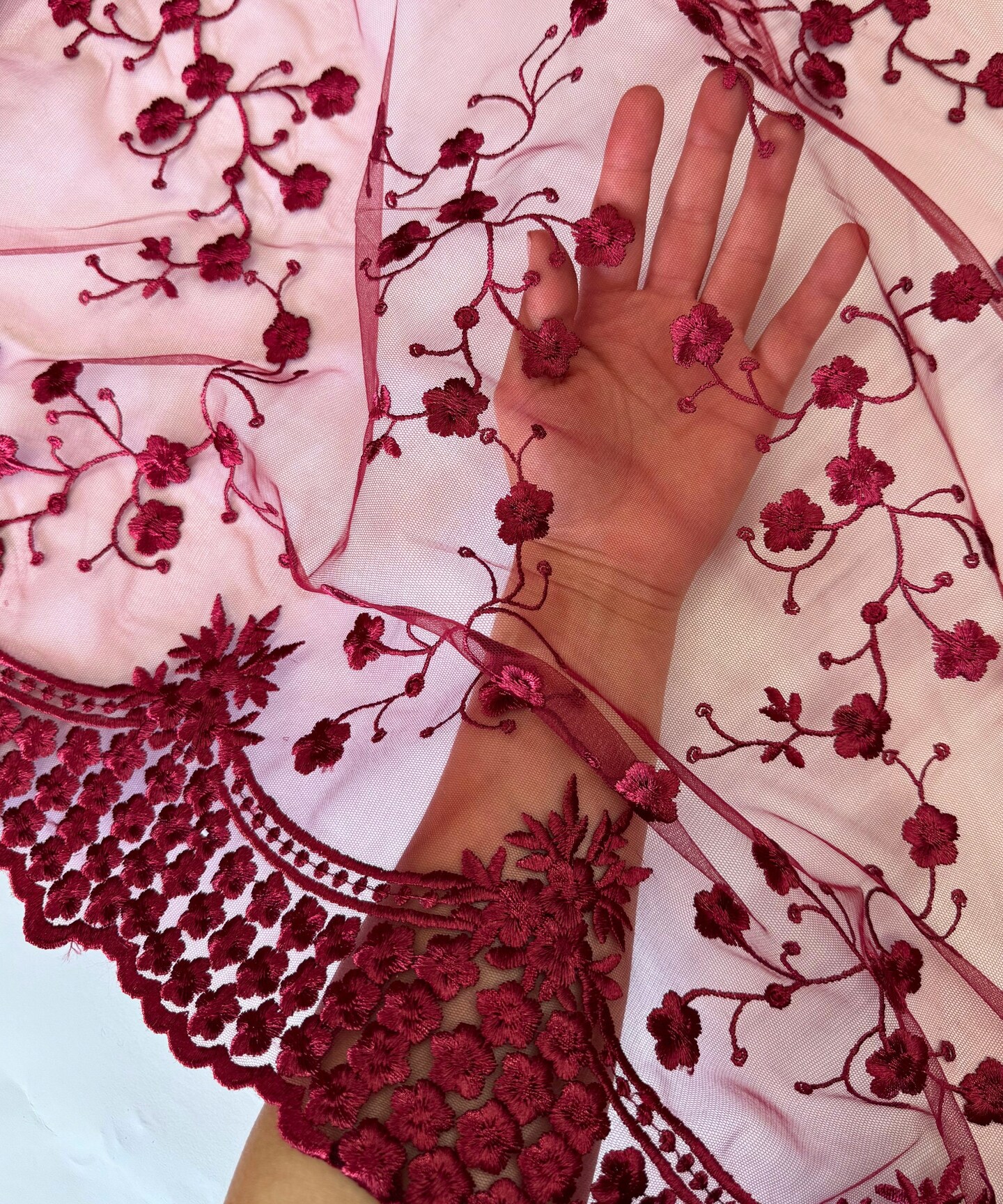 Burgundy Sequin Embroidered Lace Fabric by the Yard, 54" Wide Floral Mesh Lace with Double Scalloped Edges