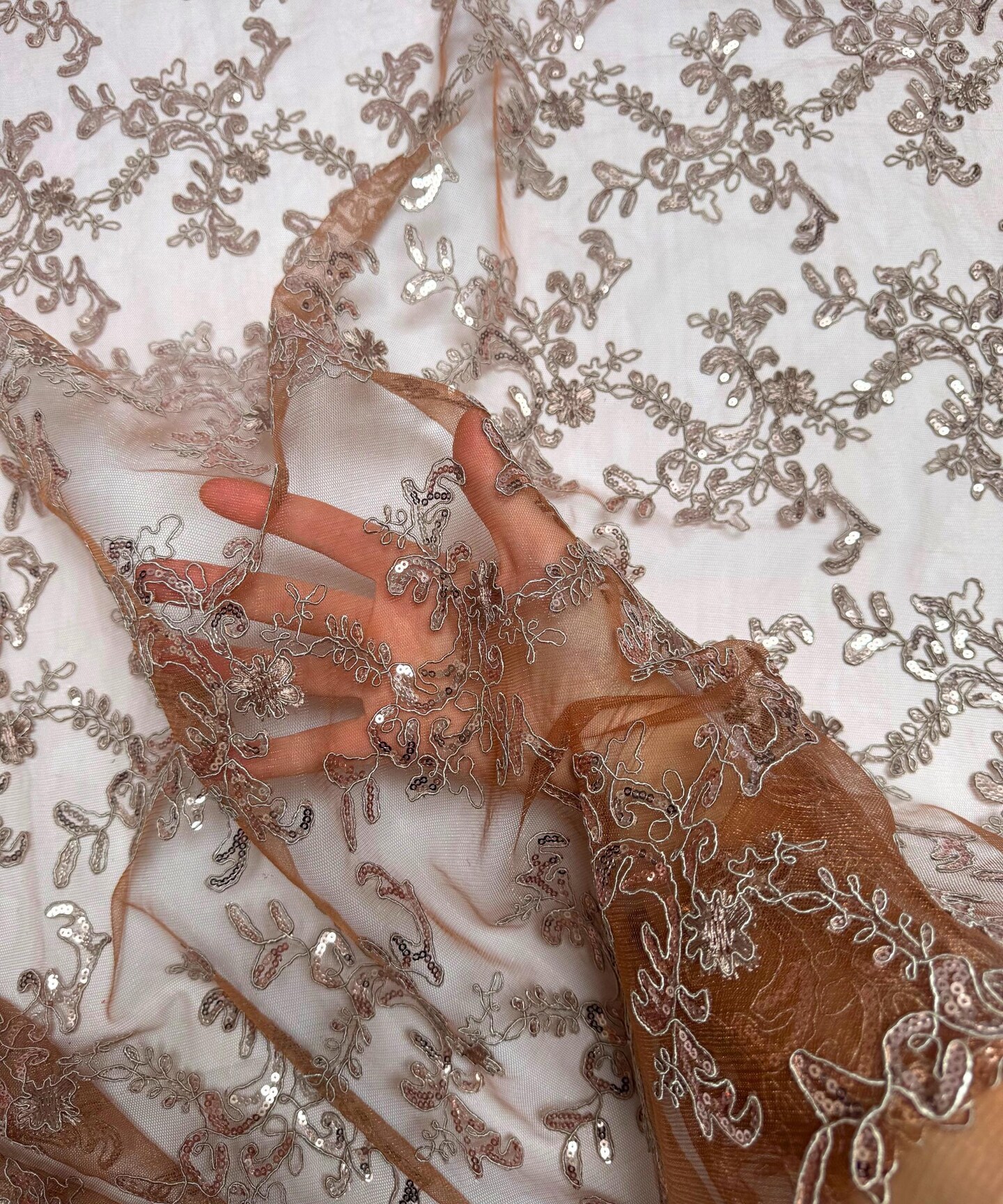 Sequin Embroidered Lace Fabric by the Yard, 54" Wide Floral Mesh Lace with Double Scalloped Edges