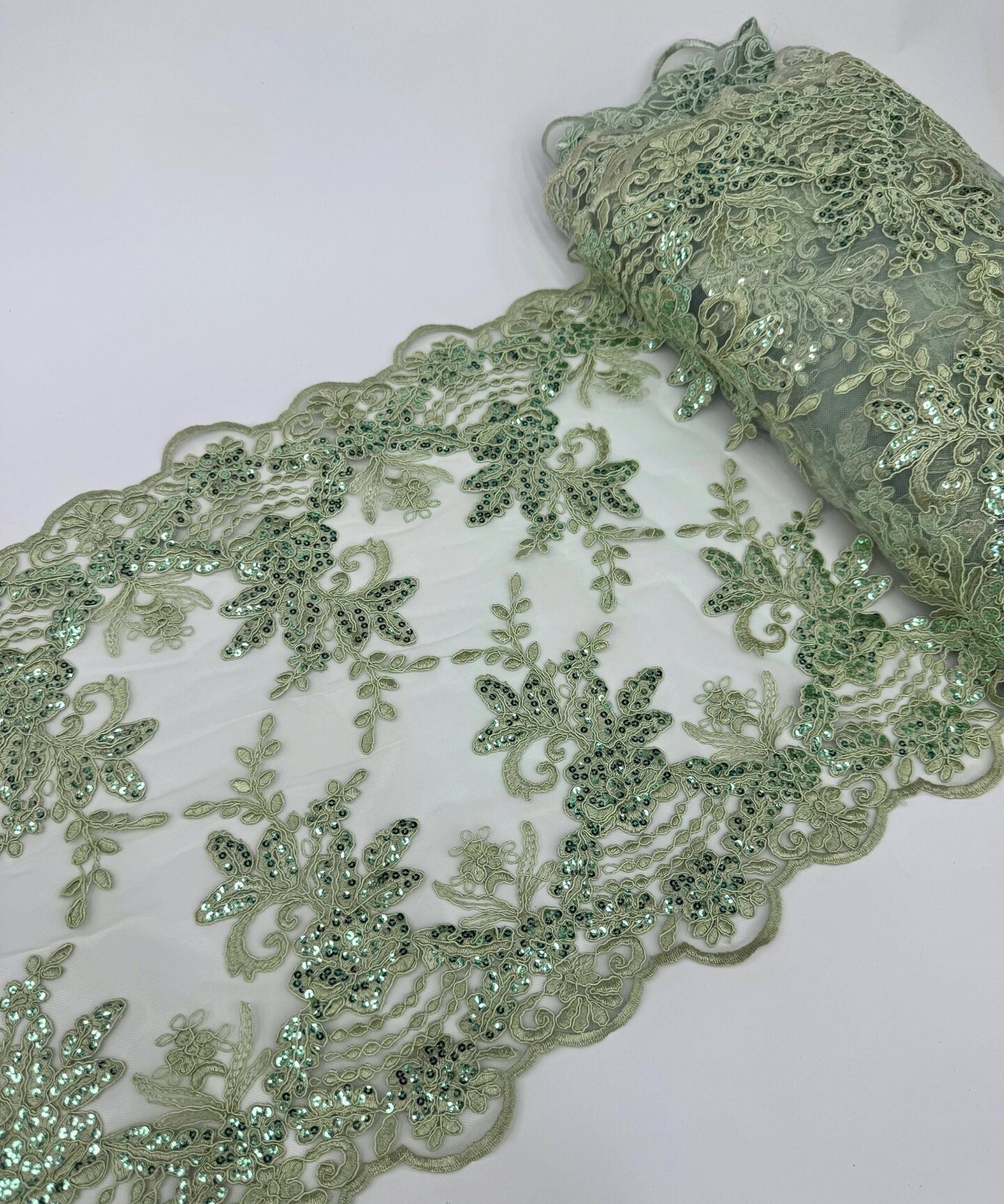 Sage Floral Embroidered Lace Table Runner by the Yard, 14" Wide Sequin Mesh Lace Trim with Scalloped Edges