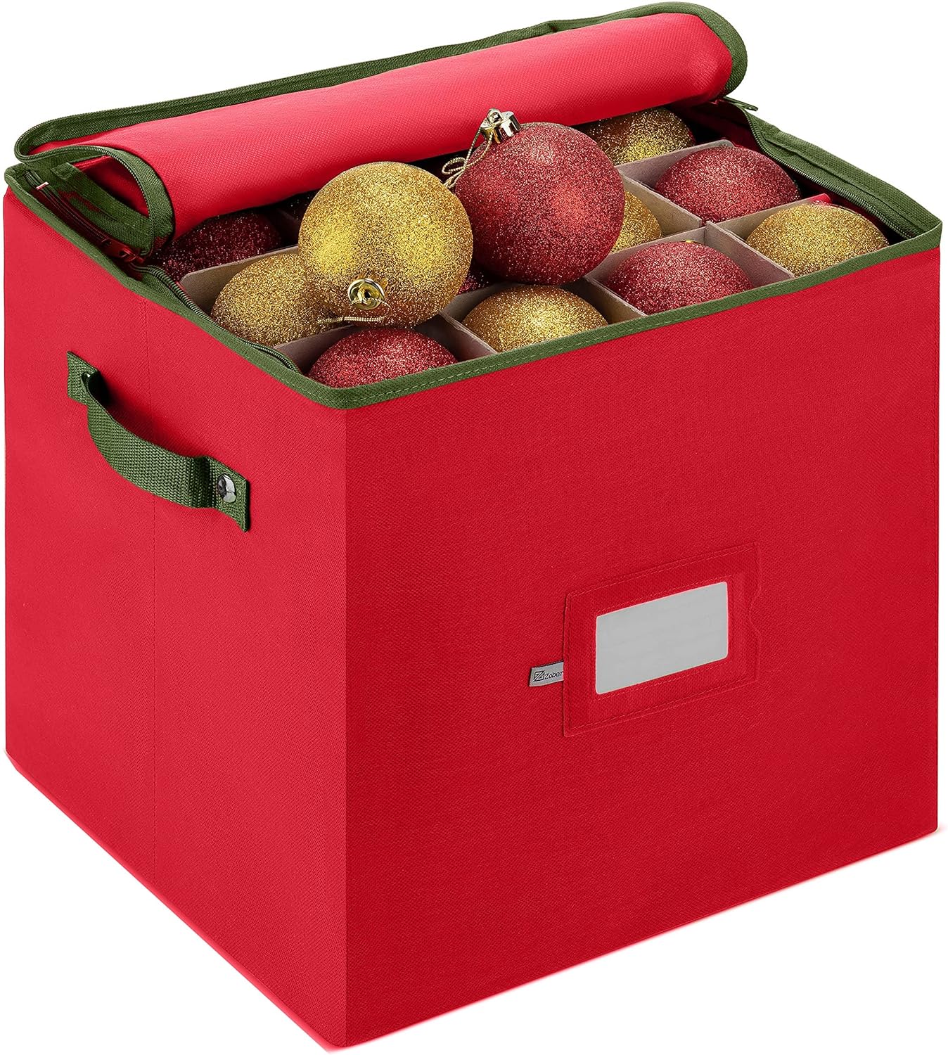 Christmas Ornament Storage Box - Stores 64 Ornaments W/Dual Zippers - Non-Woven, Tear- Proof Christmas Ornament Storage Containers - 3 Inch Cube Compartments - Red