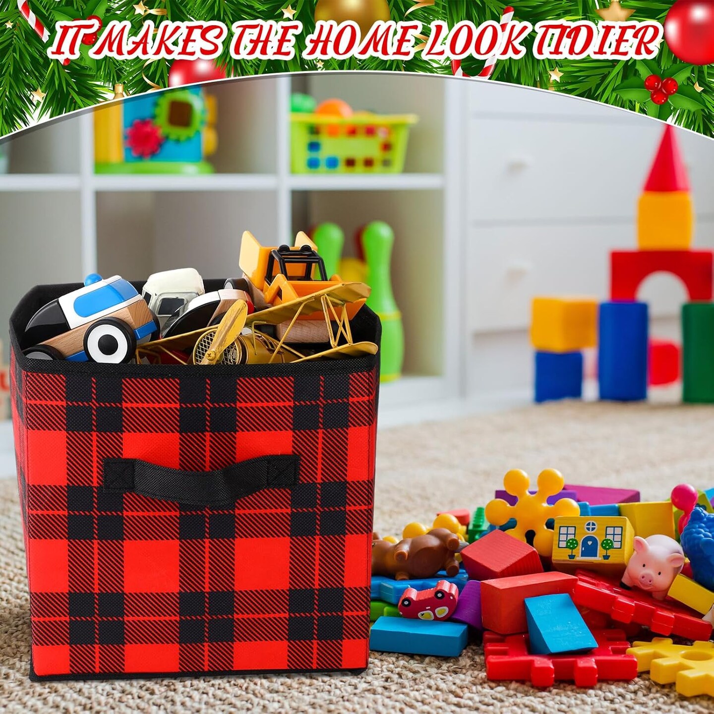 6 Pcs Buffalo Plaid Storage Bins Christmas 10&#x27;&#x27; Buffalo Plaid Foldable Fabric Storage Cube with Handles Christmas Basket Storage Box Organizers for Toys Shelf Closet Home Gift(Red and Black)