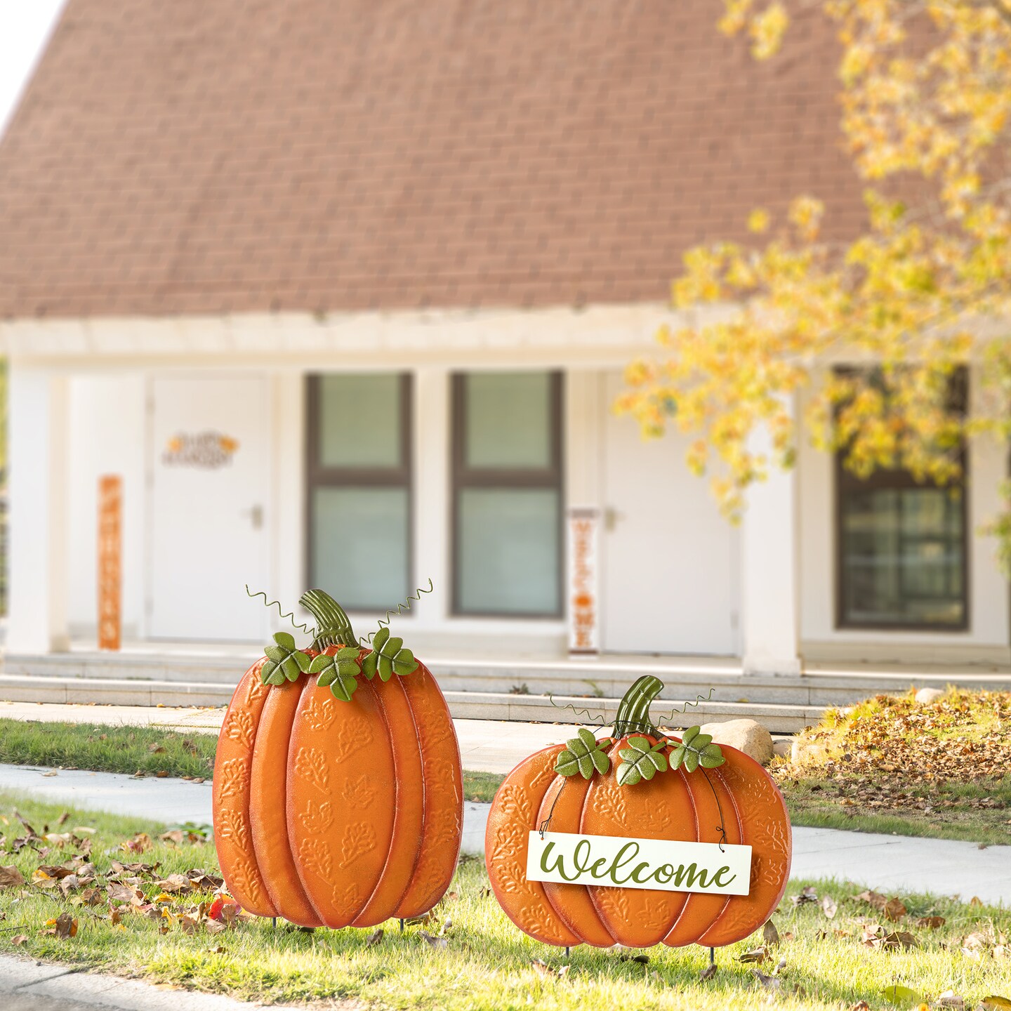 Set of 2 Fall Metal Embossed Glitter Pumpkin Yard Stake or Porch Decor (KD, Two Function)