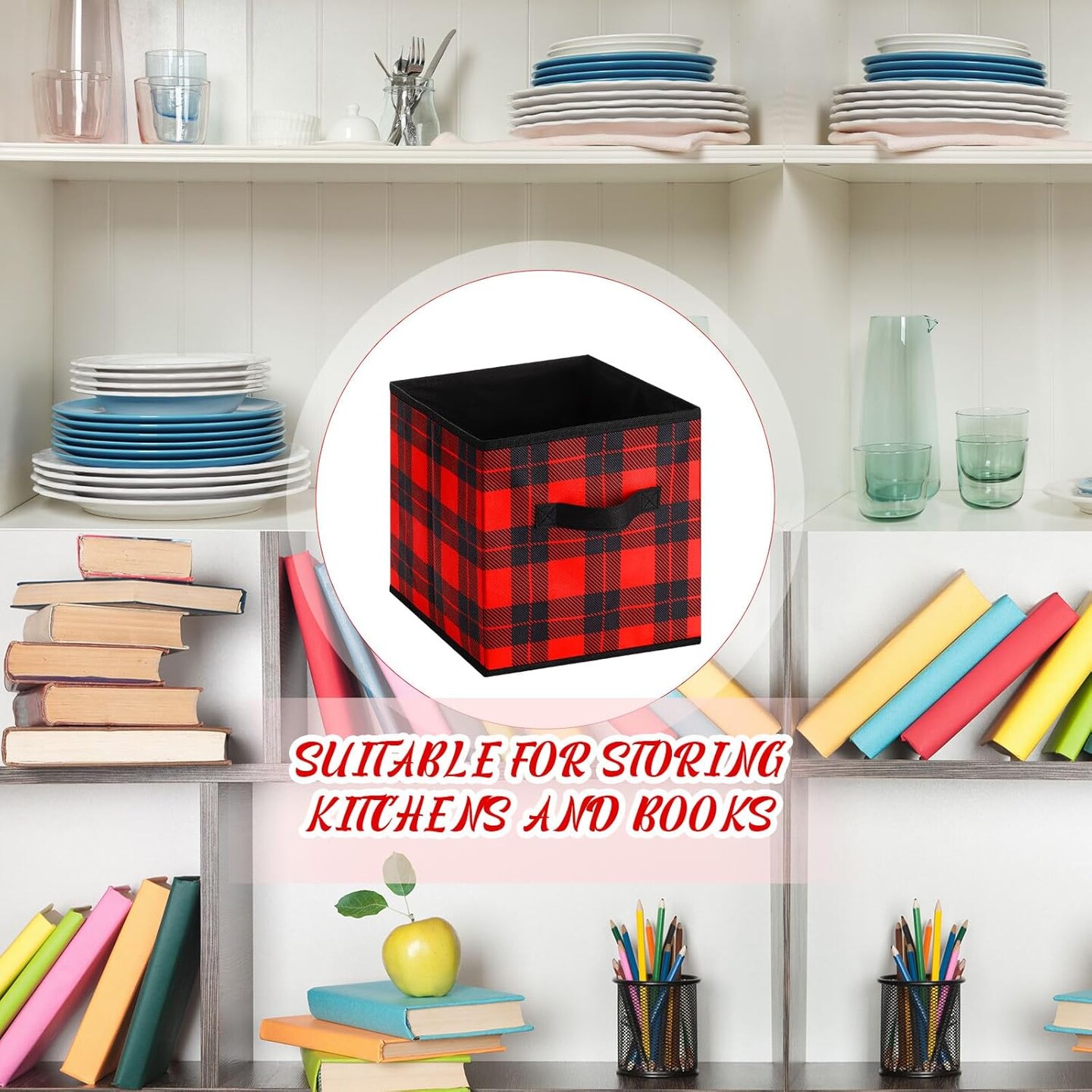 6 Pcs Buffalo Plaid Storage Bins Christmas 10&#x27;&#x27; Buffalo Plaid Foldable Fabric Storage Cube with Handles Christmas Basket Storage Box Organizers for Toys Shelf Closet Home Gift(Red and Black)