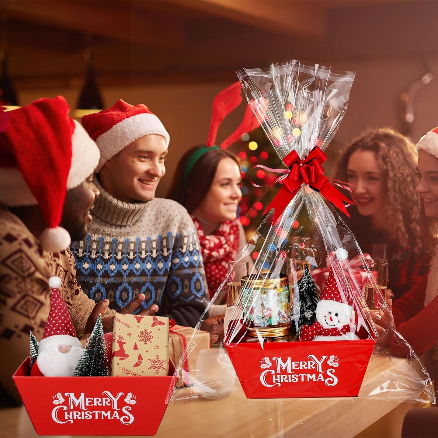 24 Set Christmas Basket for Gifts Empty 10 x 8 Inch Sturdy Empty Gift Basket Bulk with Handle Large Cardboard Empty Gift Baskets Trays to Fill Wine Candy for Xmas Holiday Birthday Party Supply