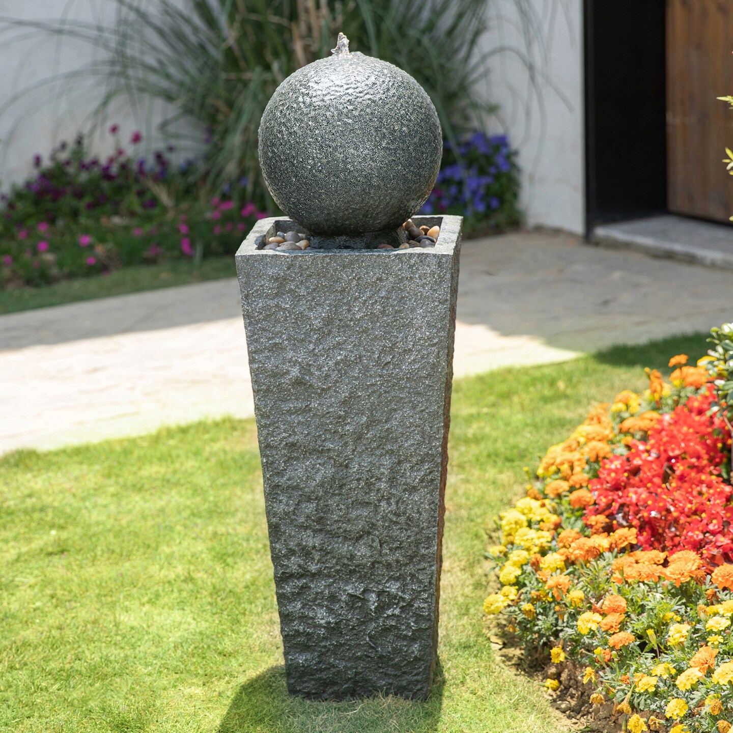 40.25"H Geometric Pedestal and Sphere Outdoor Fountain with LED Light, Polyresin, Includes Pump and Pebbles