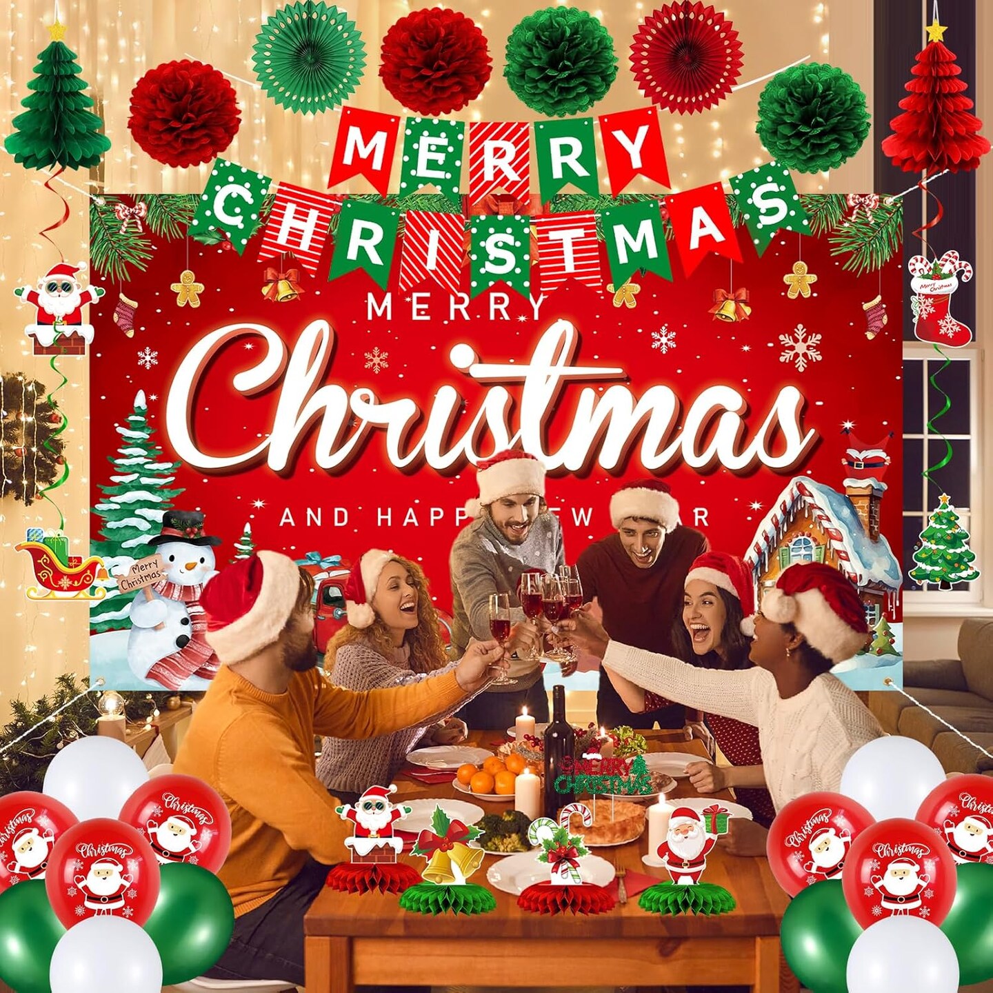 Vlipoean Red Christmas Party Decorations, 40PCS Merry Christmas Birthday Party Supplies with Christmas Backdrop Banner, Cute Honeycomb, Hanging Swirl, Christmas Background for Xmas Eve Happy New Year