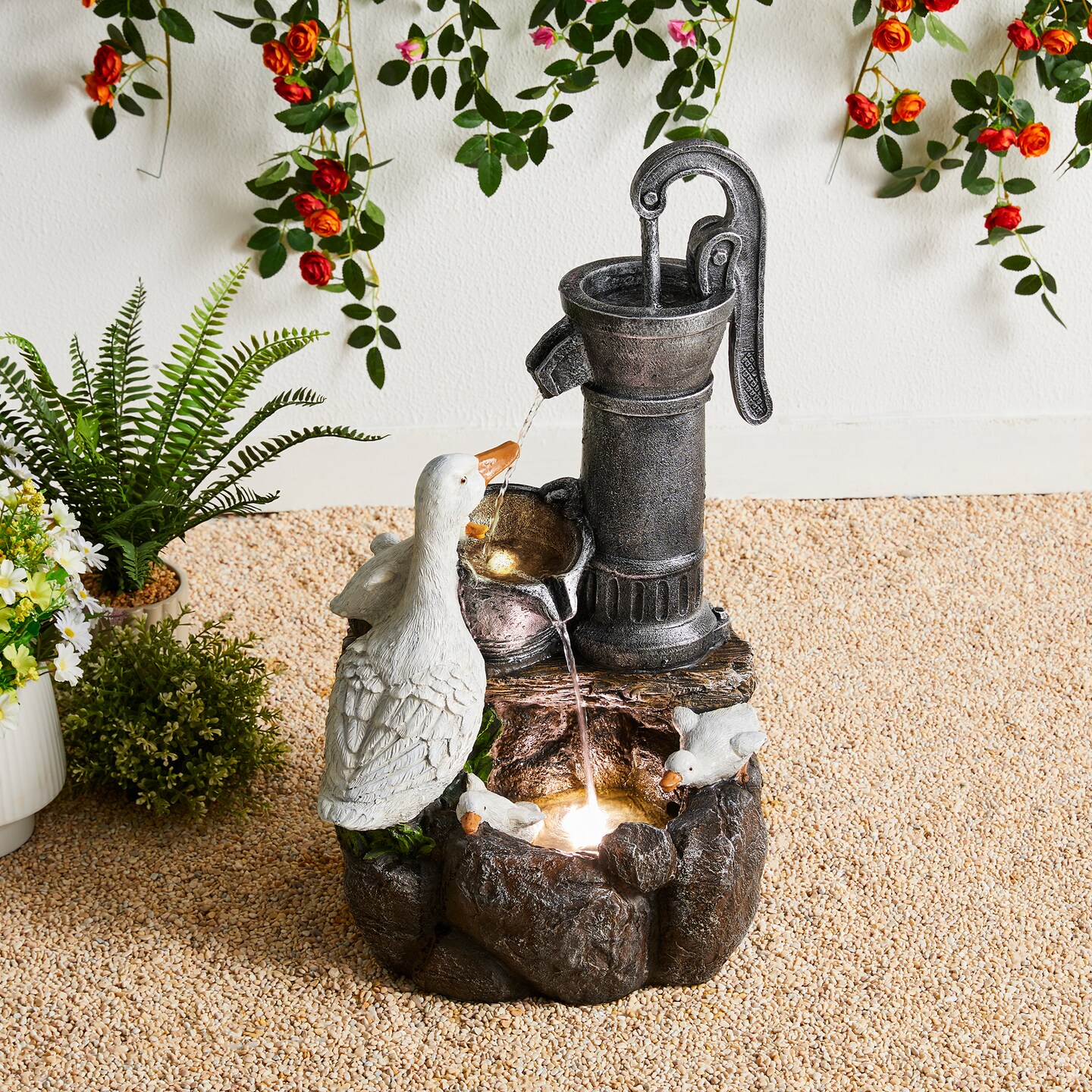 23.50"H Cute Duck Family Playing Around the Water Pump Polyresin Outdoor Fountain with Pump and LED Light