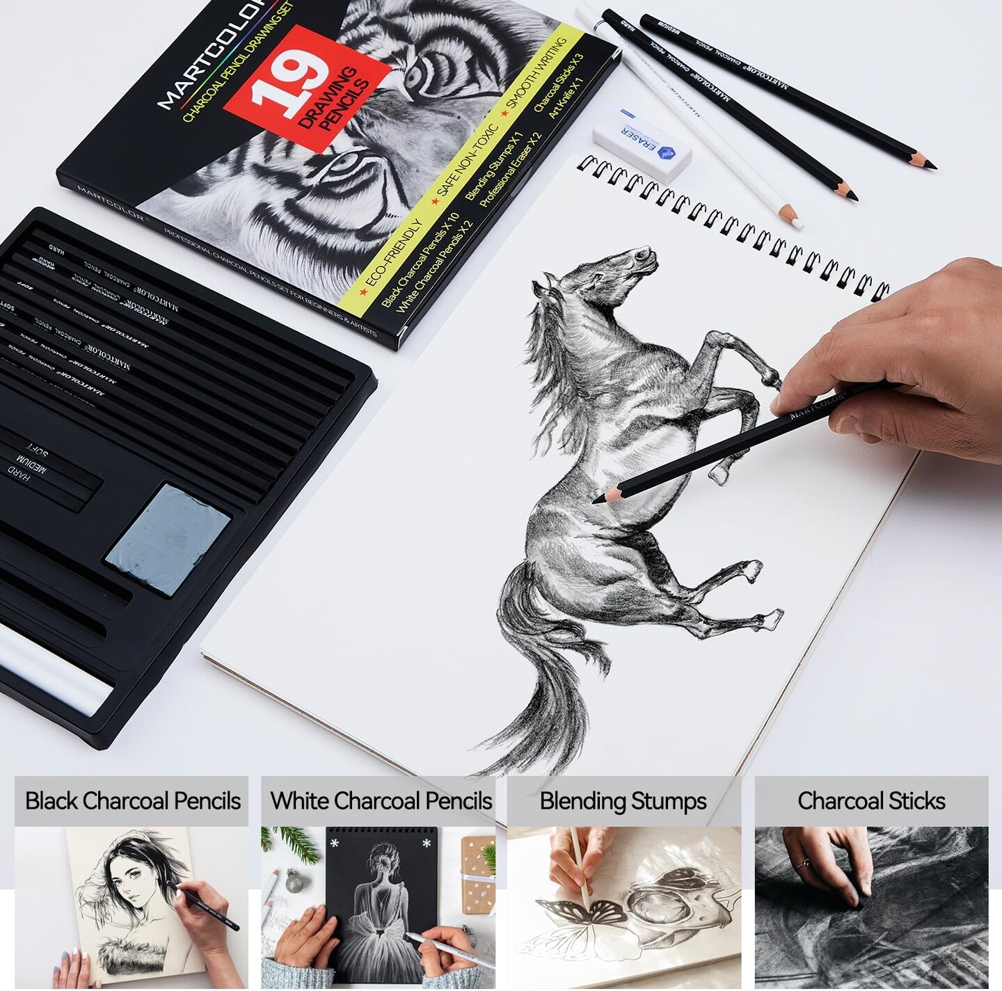 Charcoal Drawing Set, 19 Pieces, Black &#x26; White Charcoal Pencils for Drawing