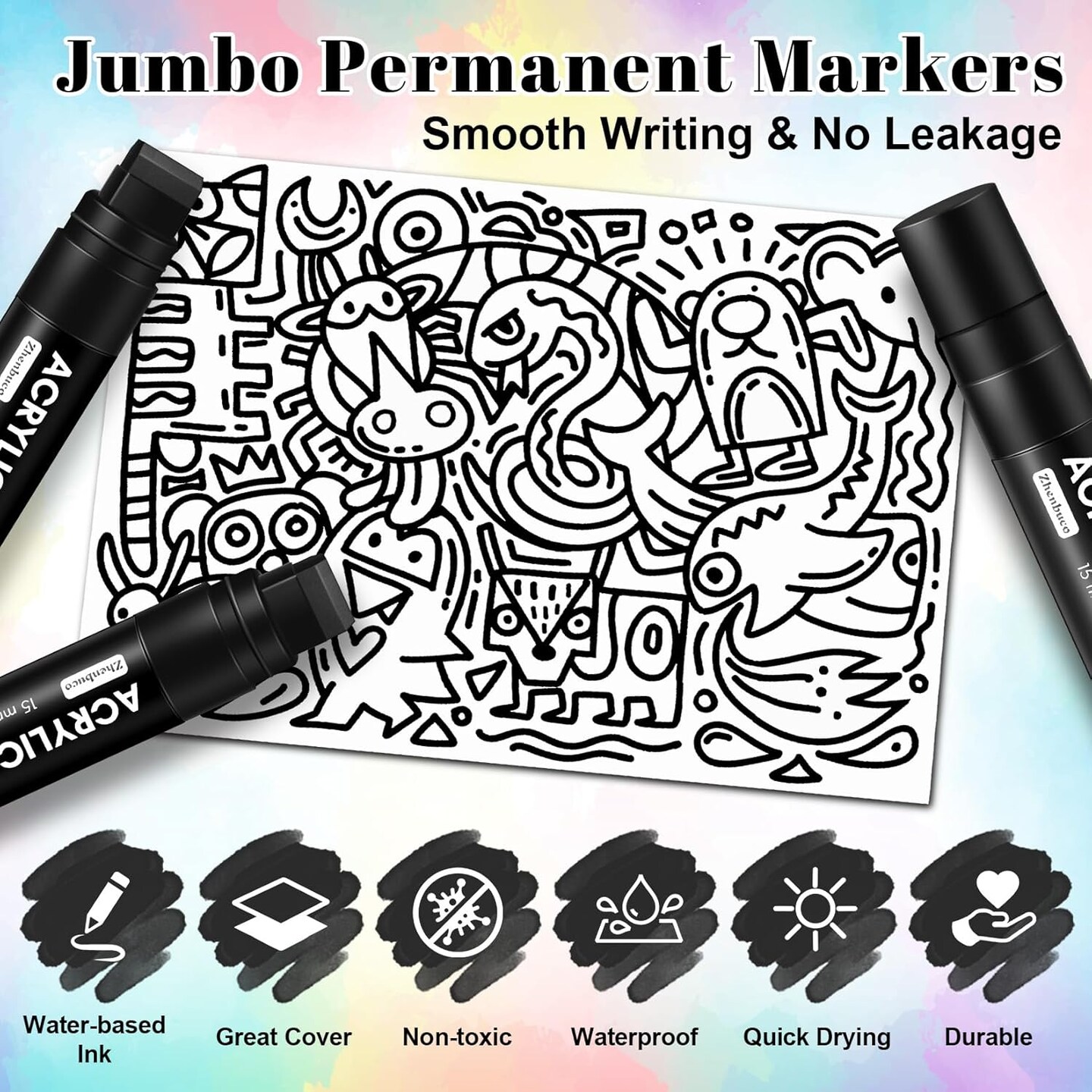 4 PCS Black Jumbo Permanent Markers - 15mm Wide Tip Thick Acrylic Paint Pen, Large Acrylic Paint Markers for Rock Painting, Calligraphy, Poster, Canvas, Sign, Glass, Wood, Metal, Ceramic