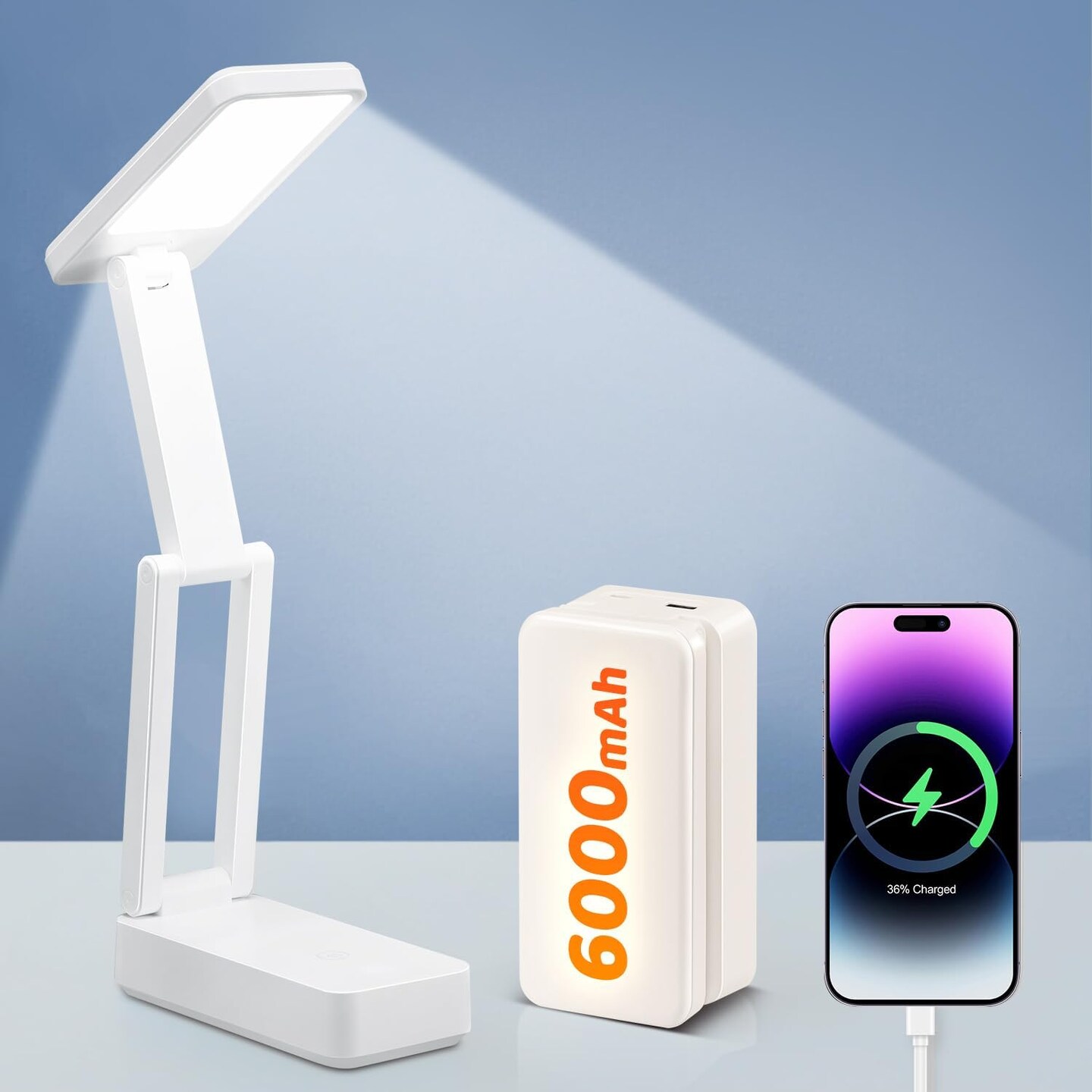Small Desk Lamp, 6000 mAh Rechargeable Desk Lamps, 3 Colors &#x26; 15 Brightness Portable Light with Wireless Charger, Nail Lamp for Desk Puzzle Light