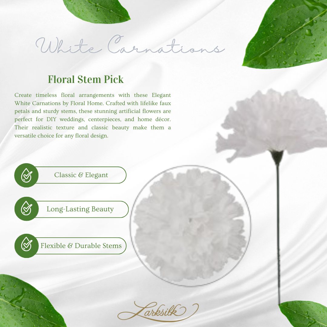 Elegant White Carnations - Ideal for DIY Weddings, Centerpieces, Home Decor; Lifelike Faux Flowers with Stems, Stunning Floral Arrangements, Floral Home by Artificial Flowers