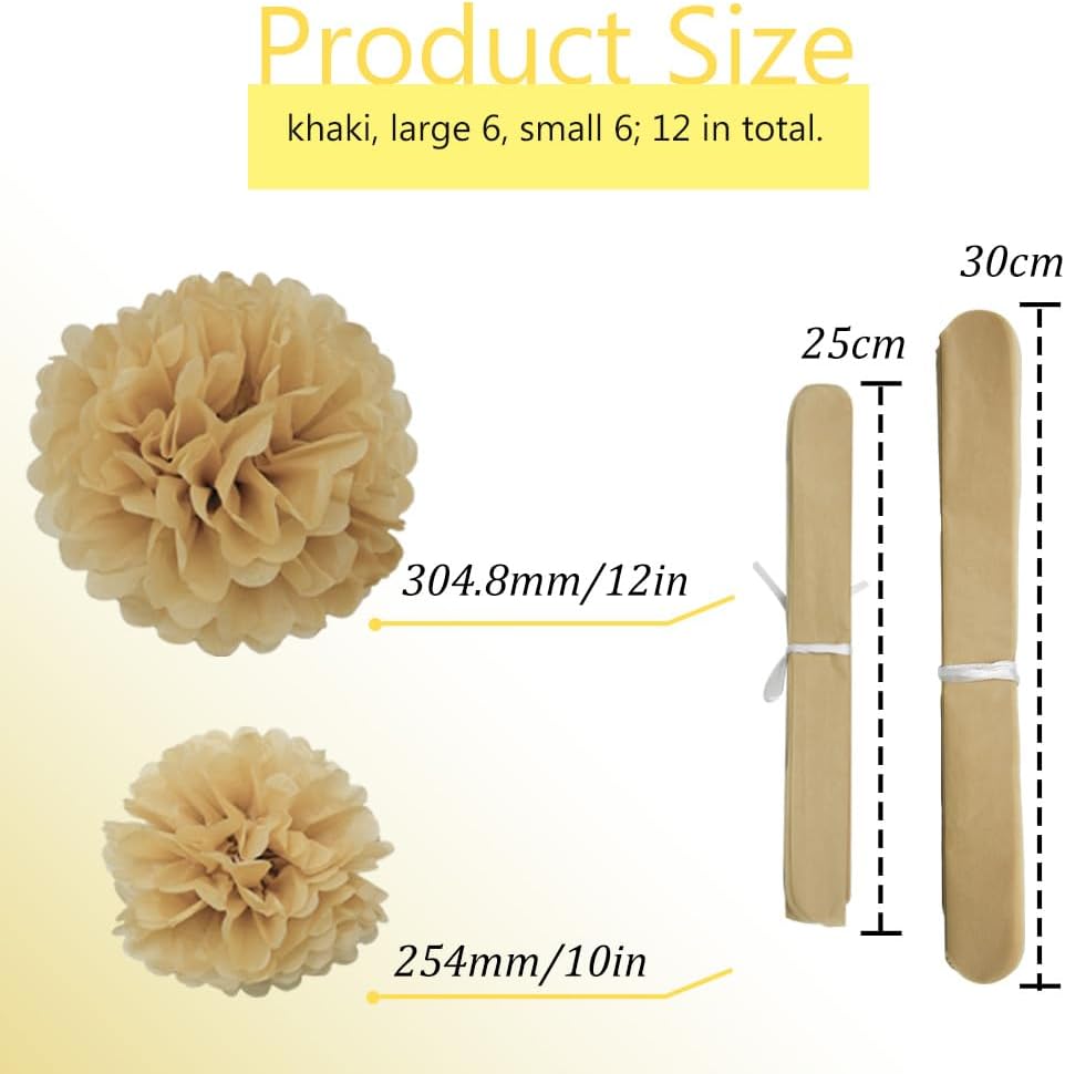 12 Pieces Tissue Paper Pompoms 10in and 12in Hanging Tissue Flowers Decorations Colour Paper Flower Ball Paper Flowers Pom Poms for Party Wedding Decoration (ZH/Khaki)