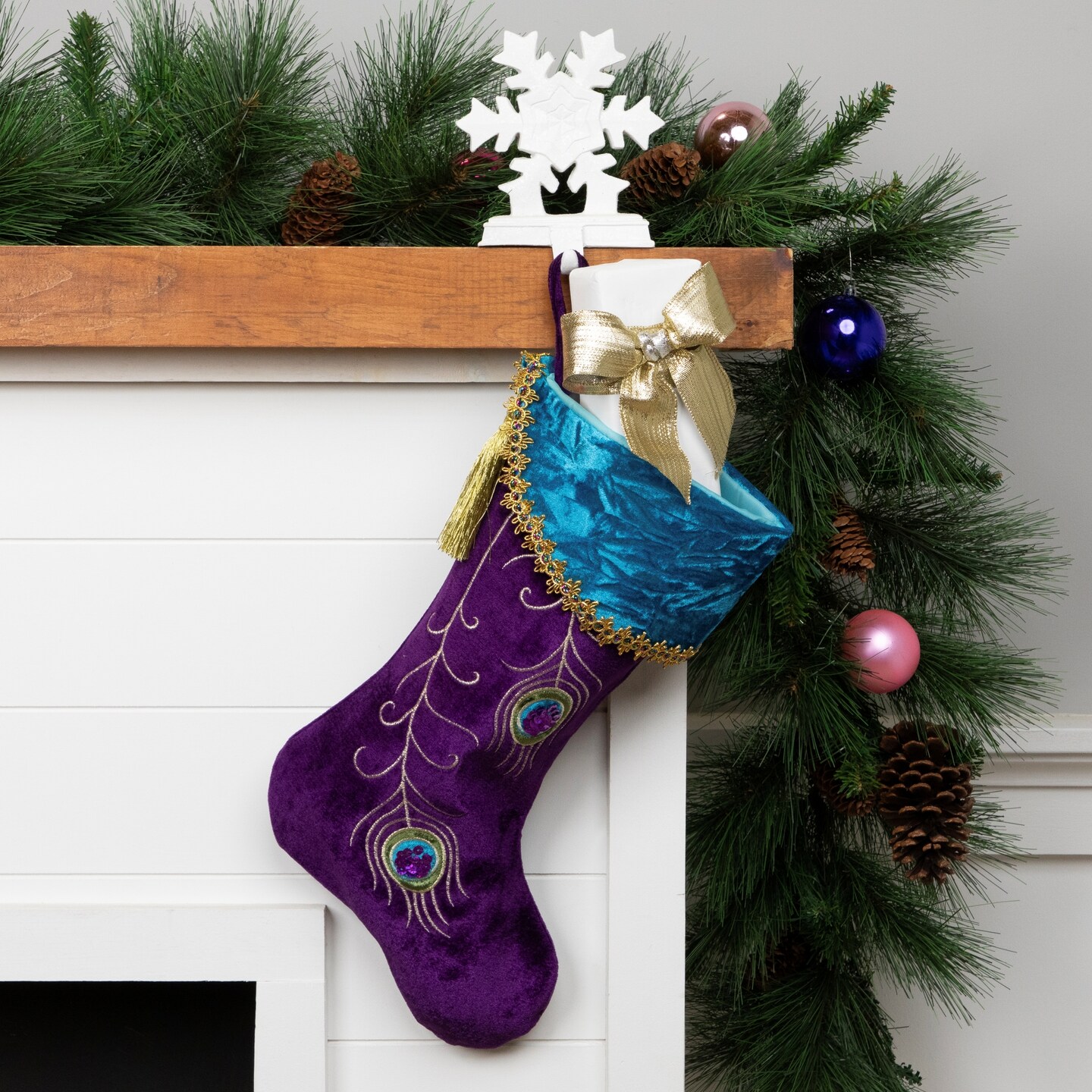 Northlight 19&#x22; Purple Velvet Regal Peacock Embroidered Feather Christmas Stocking with Gold Tassel
