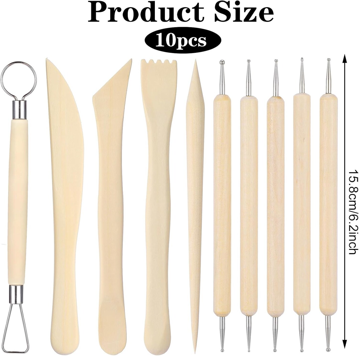 10Styles Wooden Clay Sculpting Tools, 6.2&#x27;&#x27; Smooth Double Ended Clay Modeling Tools