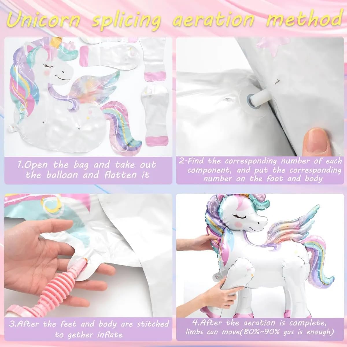 16 Pcs Unicorn Balloons Kit for Birthday Party Decorations - 2 Self Standing 3D Foil Unicorns, 4 Star Balloons &#x26; 10 Printed Latex Balloons with Tying Tool (No Helium Needed)