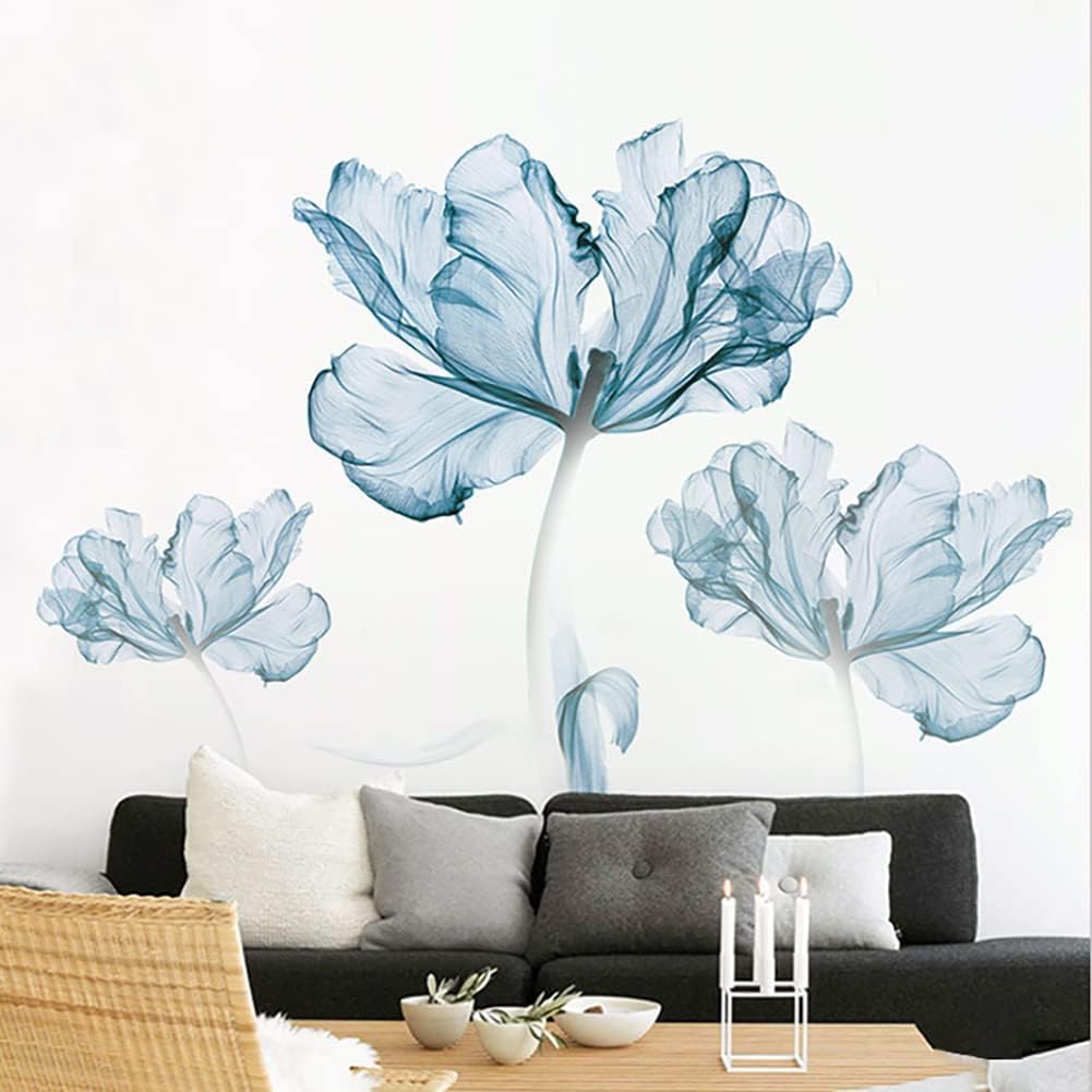 Large Blue Flower Wall Decals Poppy Floral Wall Art Stickers for Girls Bedroom Living Room Bathroom Office TV Background Decor