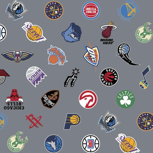 NBA Licensed All Team Mash-Up Gray Cotton Fabric by the Yard