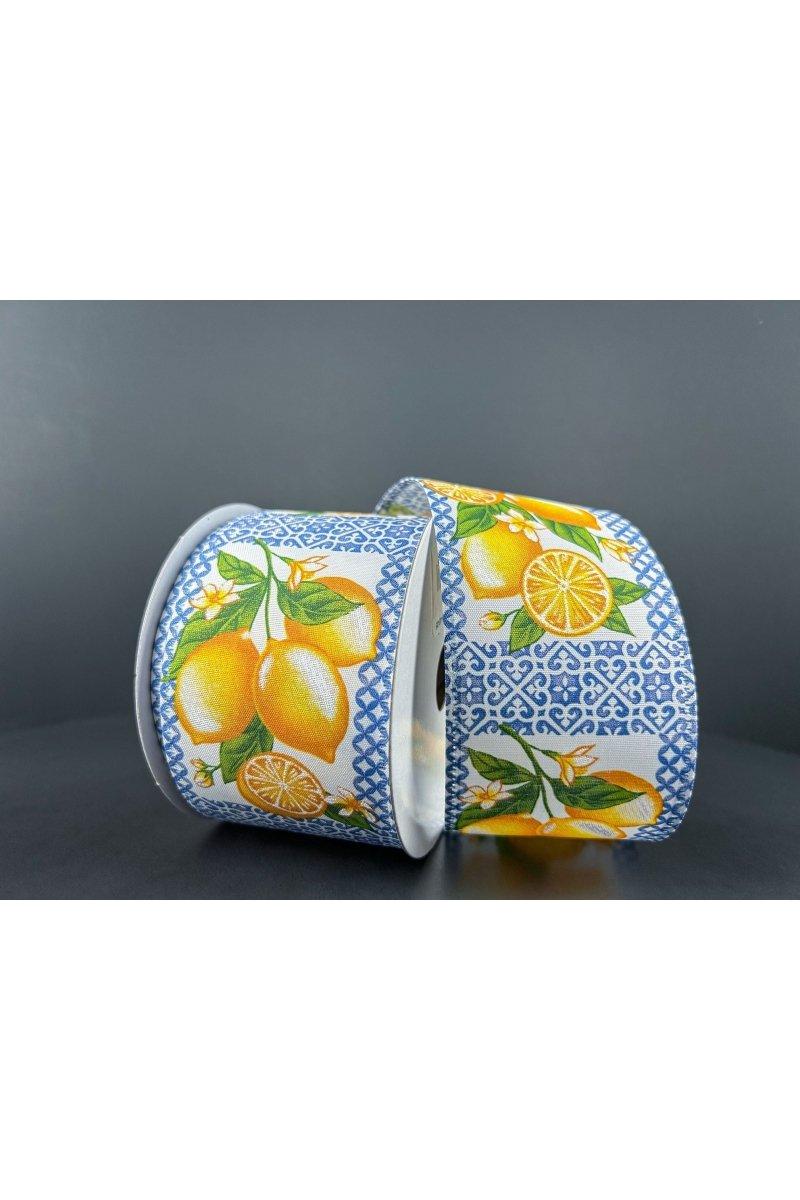 2.5&#x22; Blue Tile Squares Lemon Ribbon (10 Yards)