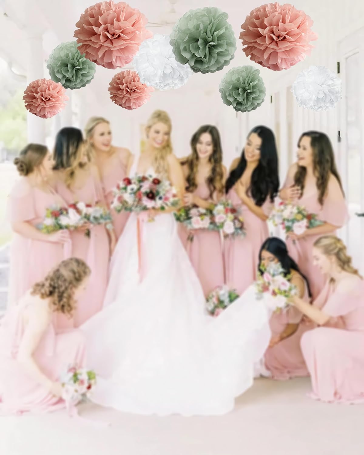 Sage Green Dusty Pink Boho Tissue Pom Poms Pastel Paper Flowers Backdrop for Baby Shower Wedding Bridal Shower Birthday Nursery Wall Hanging D&#xE9;cor, Large 12&#x22; &#x26;10&#x22; Pom Pom Decorations