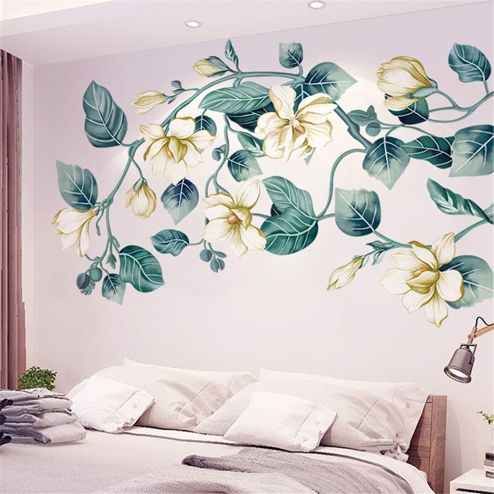3D Blue Flower Vine White Floral Leaf Art Decor Kids Room Wall Sticker Girls Teens Bedroom Living Room Wall Decals Nursery Rooms Walls Mural Peel Stick Decor