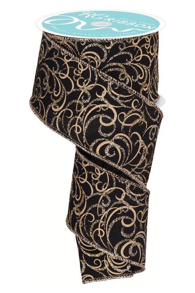 2.5&#x22; Multi Swirls Glitter Ribbon: Black/Gold (10 Yard)
