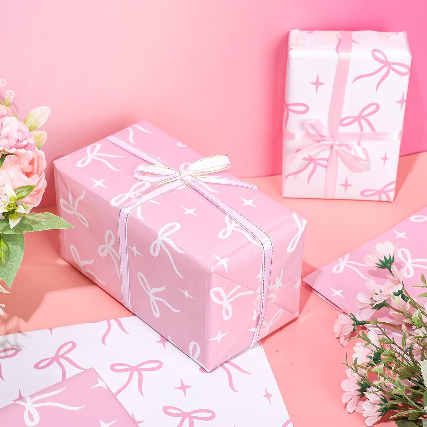 8 Sheets Pink Bow Wrapping Paper - Not Roll - Pink White Coquette Bowknot Gift Wrap Paper Folded Flat for DIY Crafts Birthday Baby Shower Bachelorette, 19.7 x 27.6 Inch