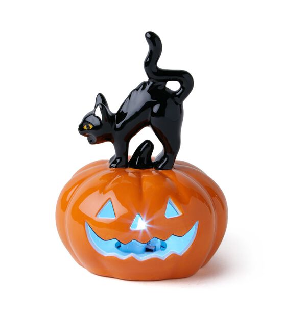 6&#x22; Orange Ceramic Pumpkin With Black Cat -Halloween LED
