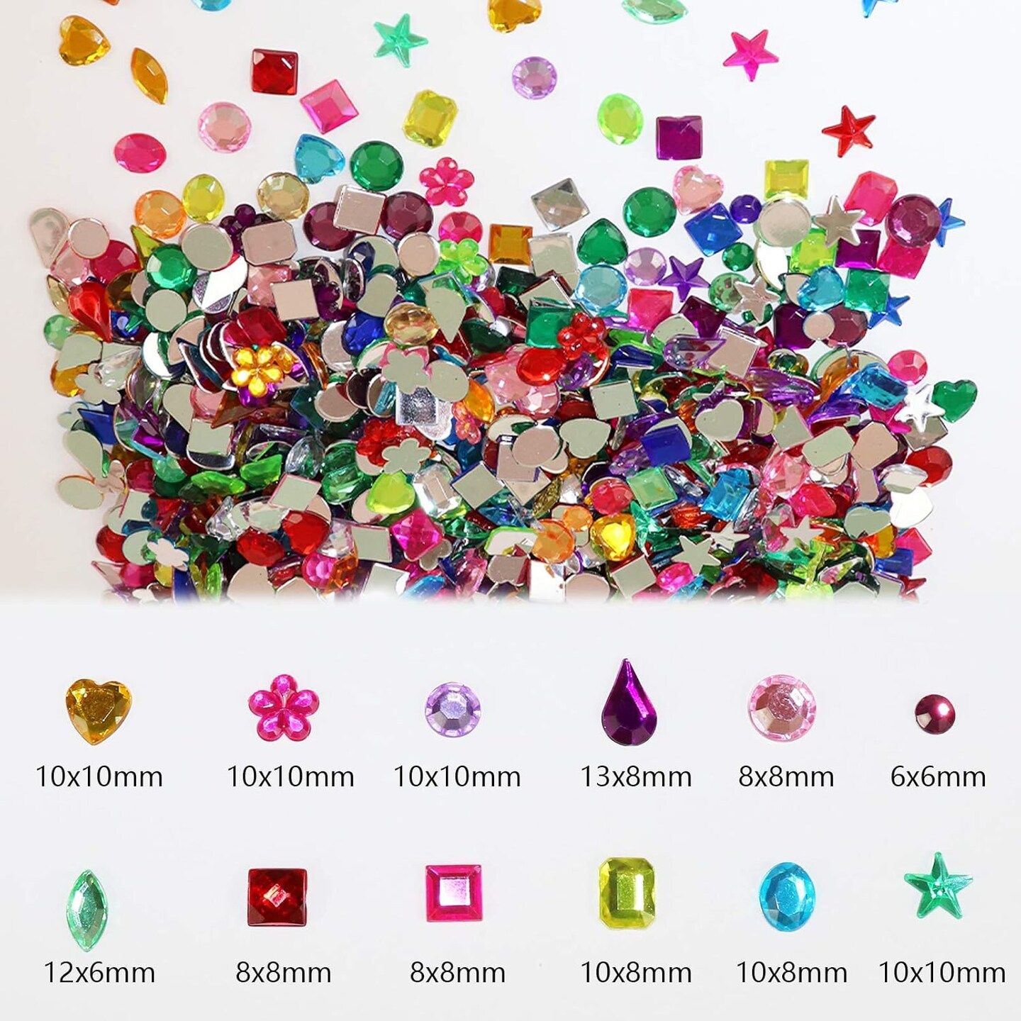 1200 Pcs Acrylic Flatback Rhinestones - 12 Different Shapes (6-13mm)