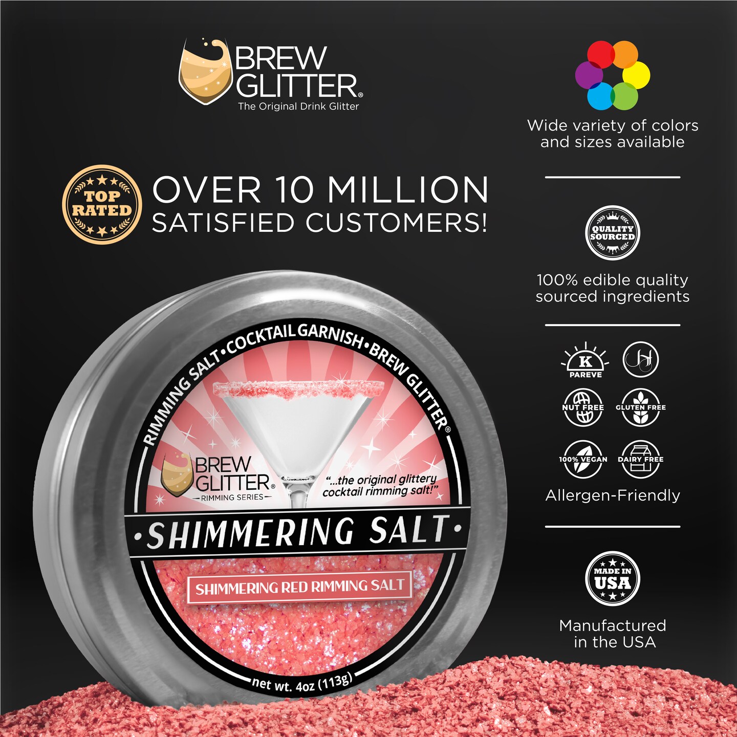 Brew Glitter - Shimmering Red Rimming Salt (4oz, 1x Bar Tin) Edible Glitter Blended Cocktail Garnish for Mixed Drinks and Beverages