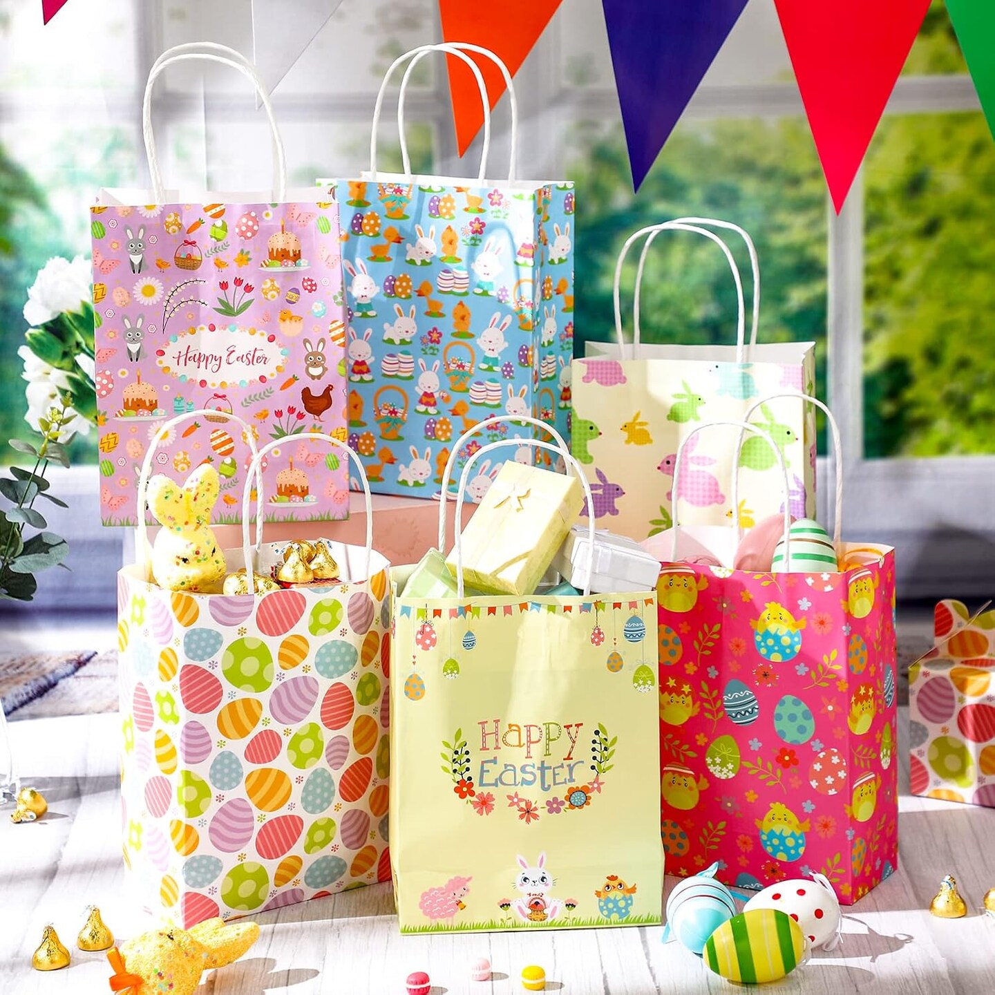 24 Pieces Easter Gift Bags Bulk, Easter Party Bags Supplies, Easter Paper Bags with Handles, Bunny Paper Cookie Candy Treat Goodie Bags for Easter Kids Boys Girls Birthday Party Favors Gift Wrapping