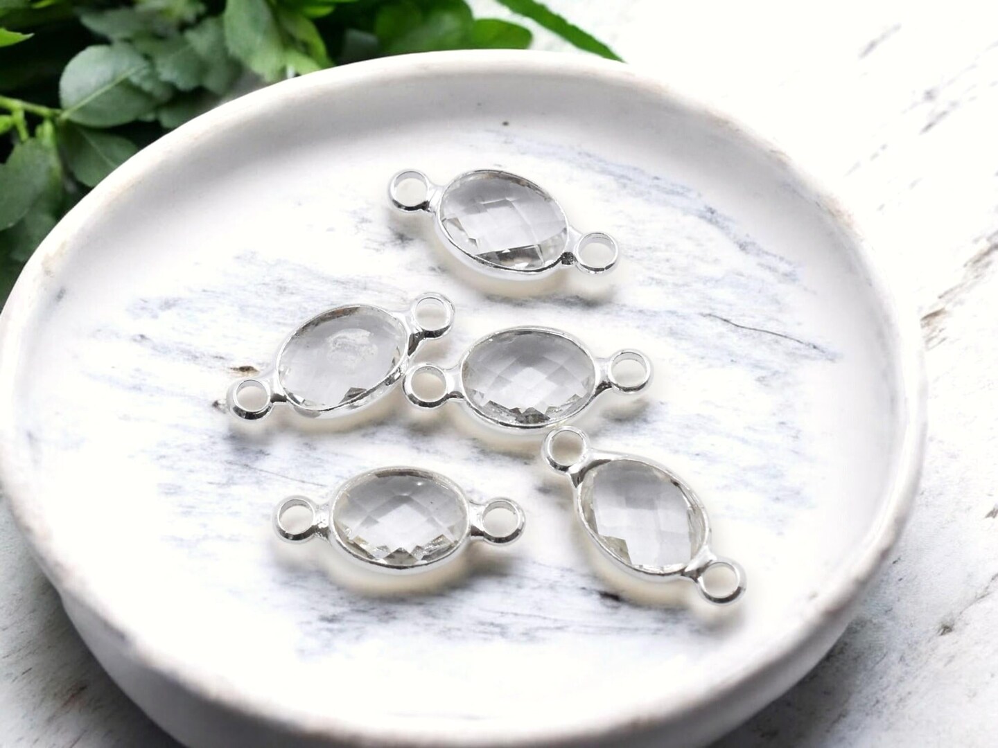 *10* 15x7mm Silver Plated Brass Surrounded Clear Glass Connectors