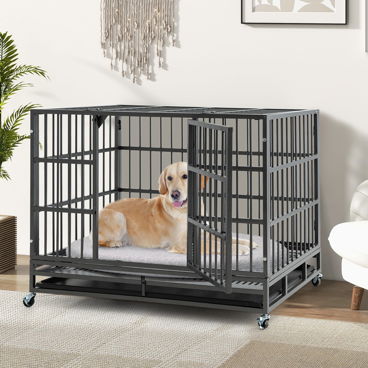 Black Metal Dog Crate Foldable Double Door Rolling Wheels Tray