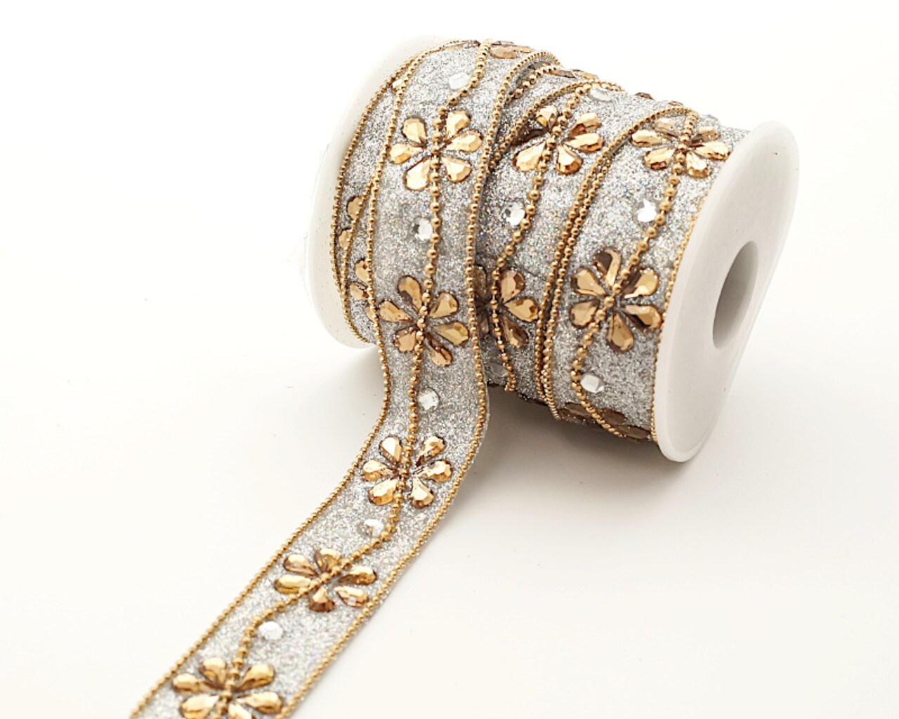 20mm x 5 Yard Gold Iron-On Flower Beaded Rhinestone Seam Trim