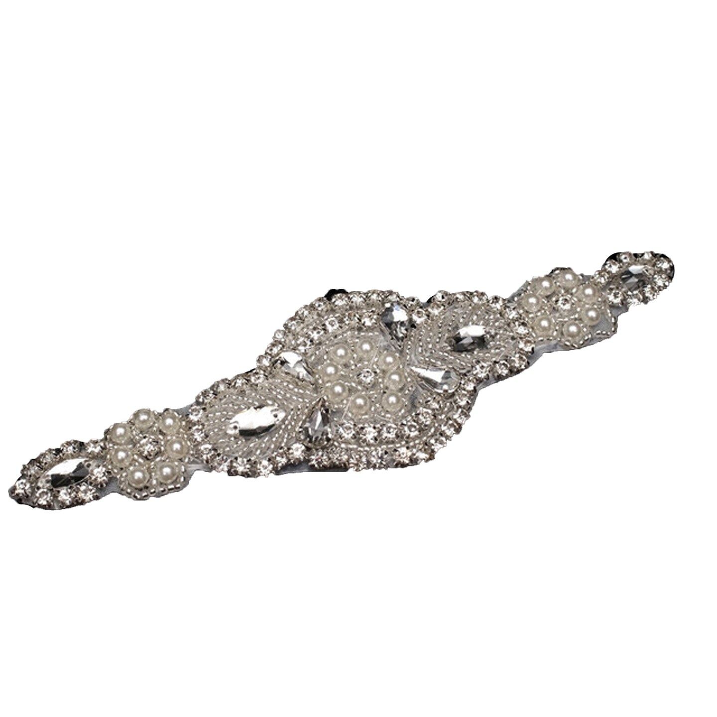 2.25&#x22; x 7.25&#x22; Silver Rhinestone Iron On Pearl Applique 5 Bridal Appliques