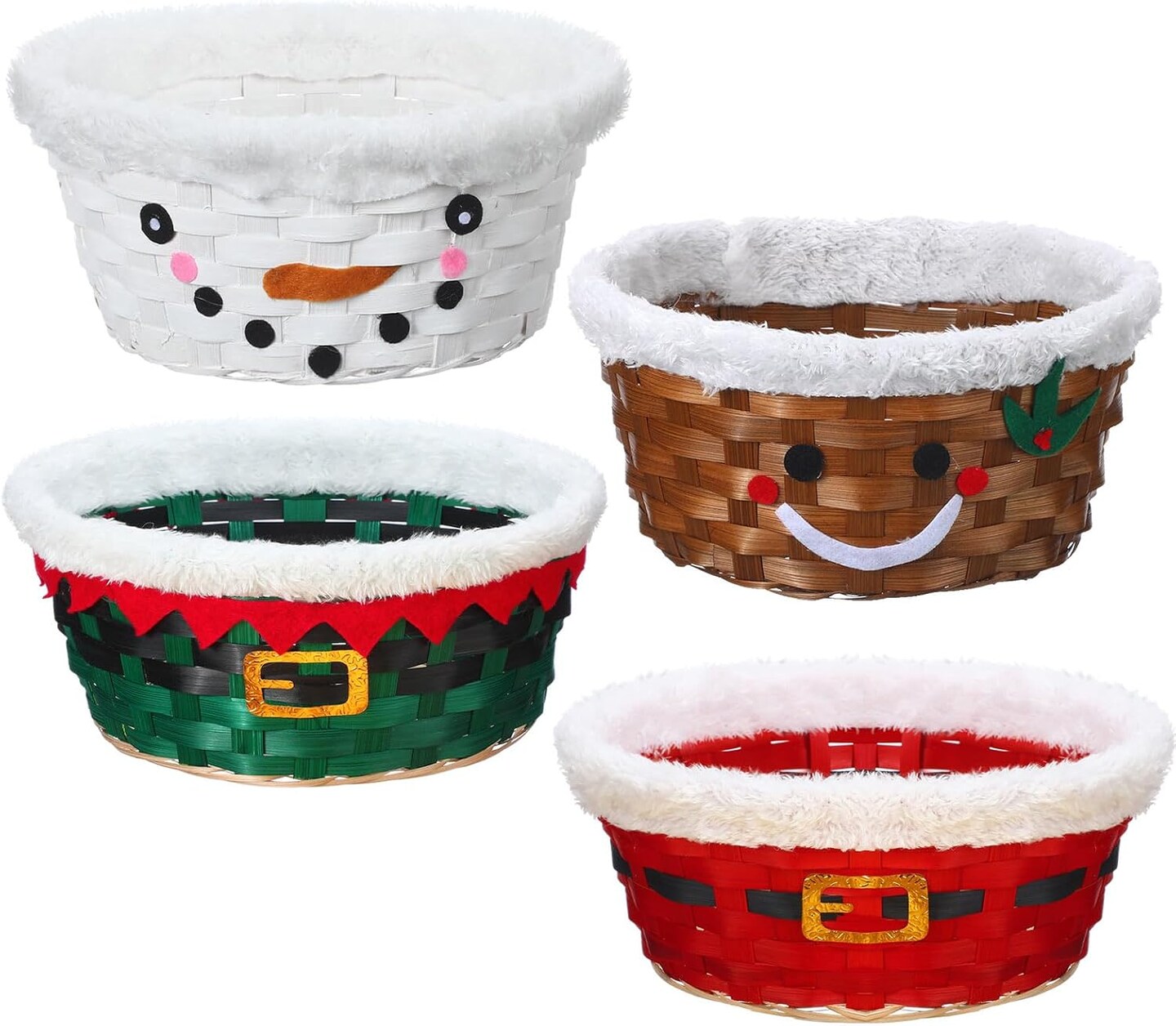 4 Pieces Christmas Basket for Gifts Snowman Woven Bamboo Basket Xmas Round Gingerbread Basket Small Santa Claus for Christmas Party Supplies Gift Snack Storage