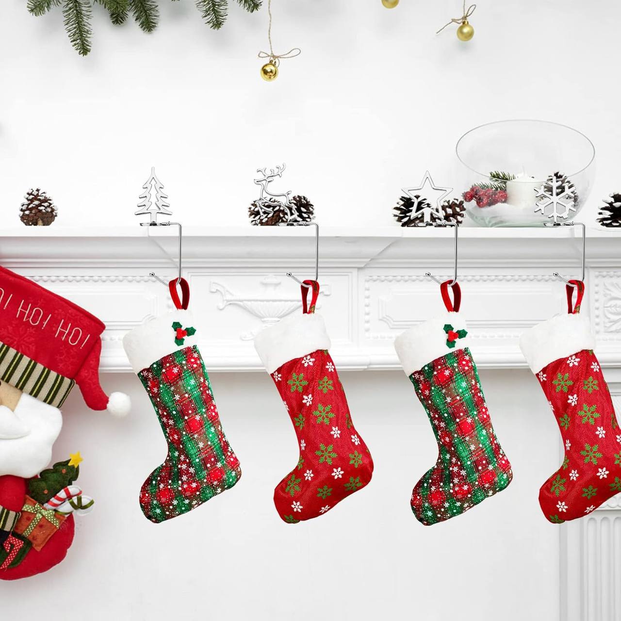 Christmas Stocking Holders for Mantel Weighted Stocking Hangers Hooks Set of 4 Reindeer Snowflake Star Christmas Tree