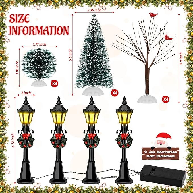 16 PCS Christmas Figurine Village Accessories, Christmas Mini Street Light Models with Brush Trees, Miniature Christmas Pathway Street Lamps Lantern Post for DIY Micro Landscape Fairy Garden