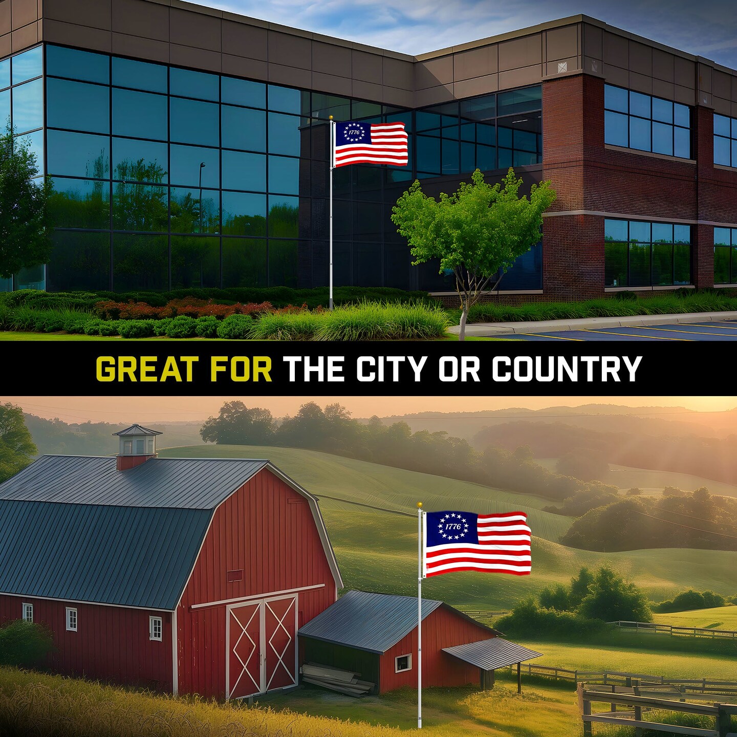 G128 Combo Pack: 16 Ft Telescoping Aluminum Flagpole (Silver) &#x26; Betsy Ross 1776 Flag 3x5 Ft, ToughWeave Series Embroidered 300D Polyester | Pole with Flag Included