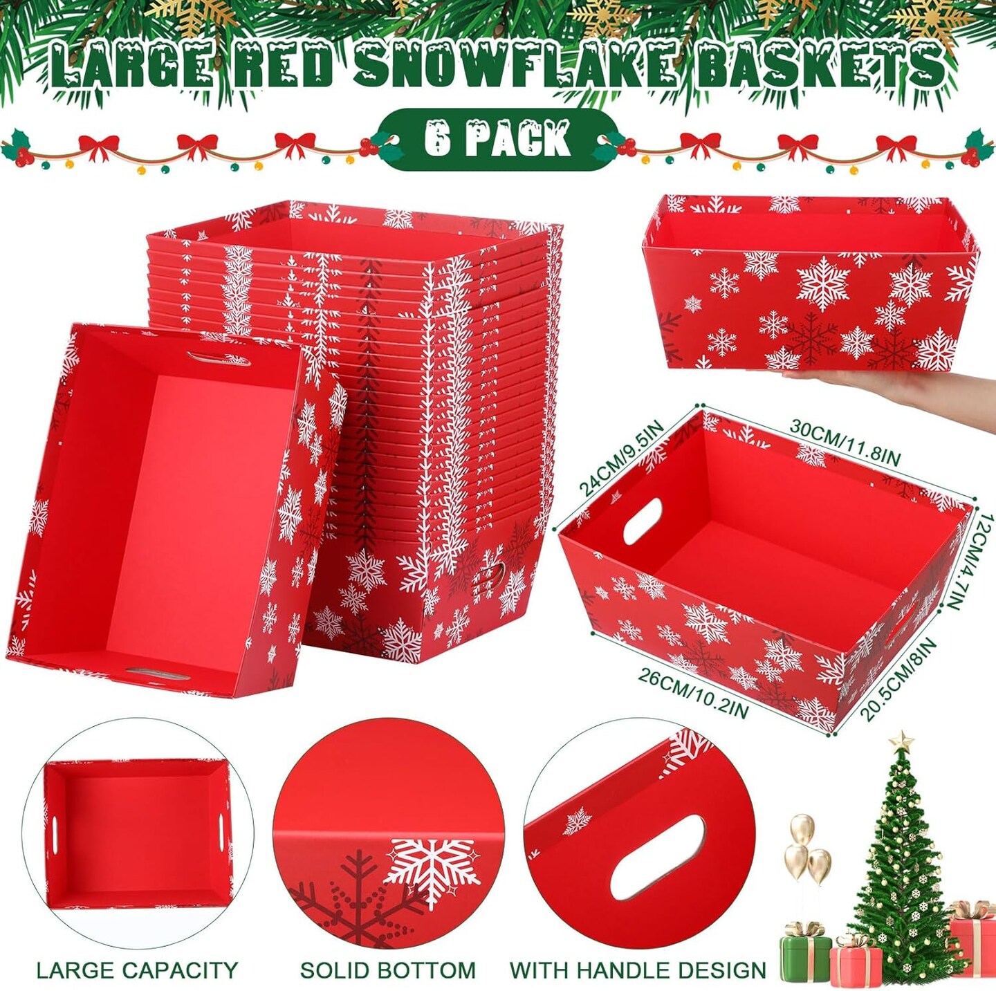 6 Sets 12 x 10 Large Red Snowflake Christmas Baskets for Gifts Empty Christmas Gift Baskets to Fill Christmas DIY Cardboard Basket with Handles for Christmas Holiday Party (Snowflake)