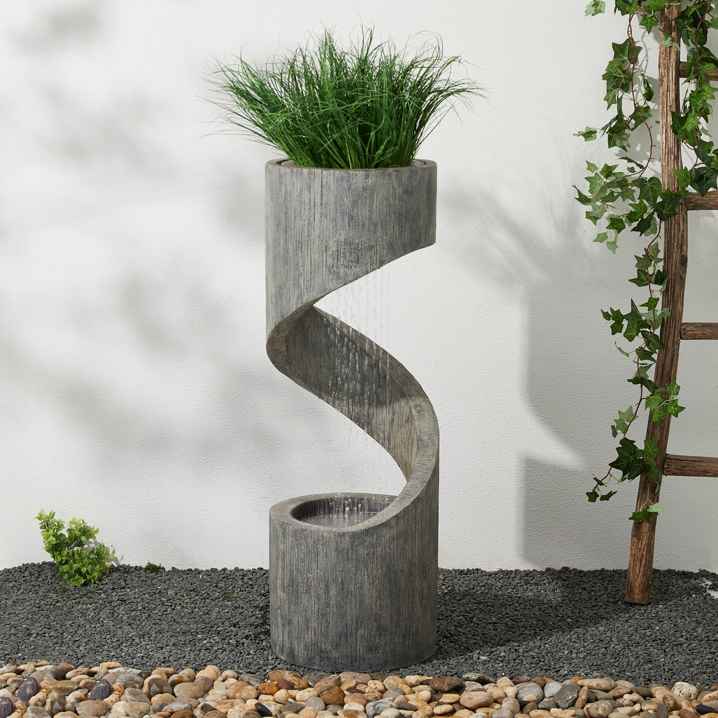 40&#x22;H Oversized Spiral Shaped Outdoor Fountain with LED Light, Polyresin, Includes Pump, Multiple Colors