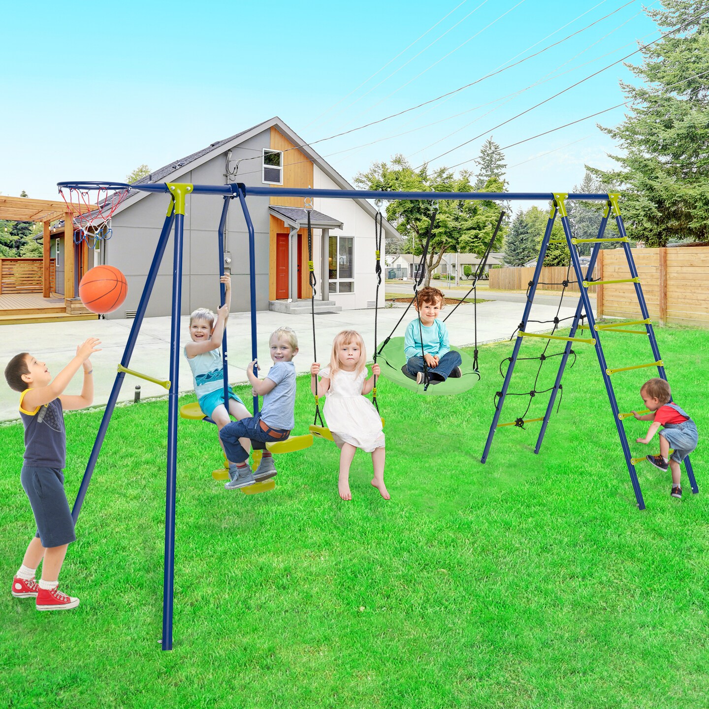 6-in-1 Patio Kids Swing Set with Climbing Net and Ladder