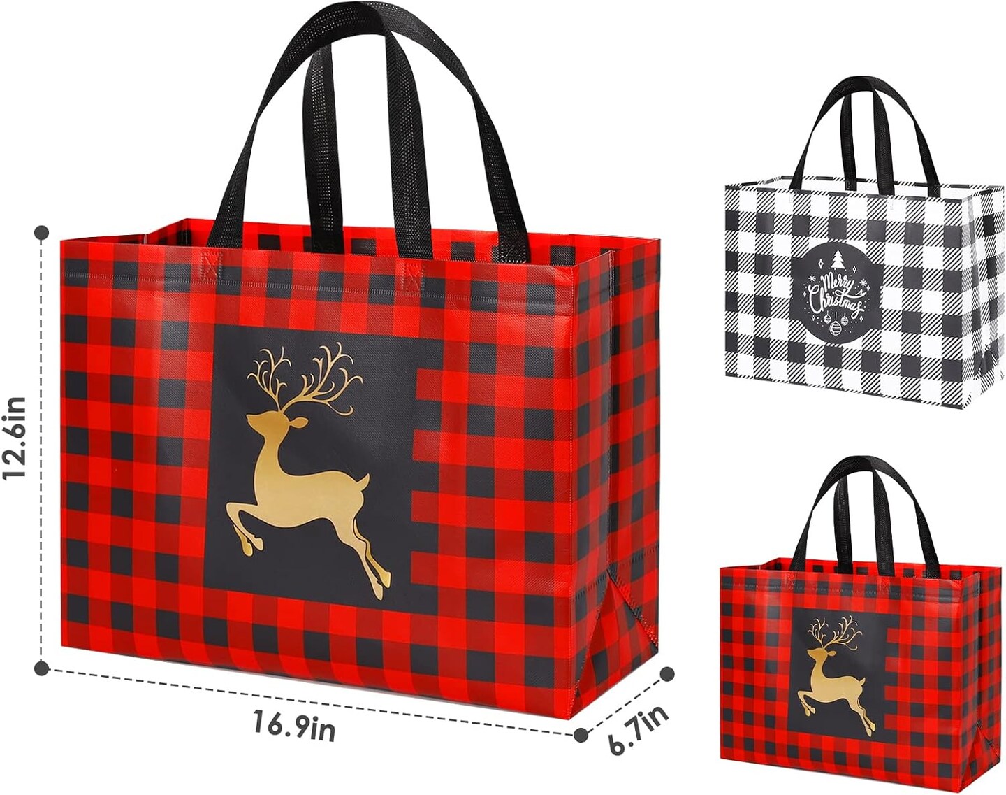 8 Pack Extra Large Christmas Gift Bags, Reusable Tote Bags with Handle Non-Woven Christmas Grocery Shopping Totes for Holiday Xmas, 16.9 * 12.6 * 6.8"